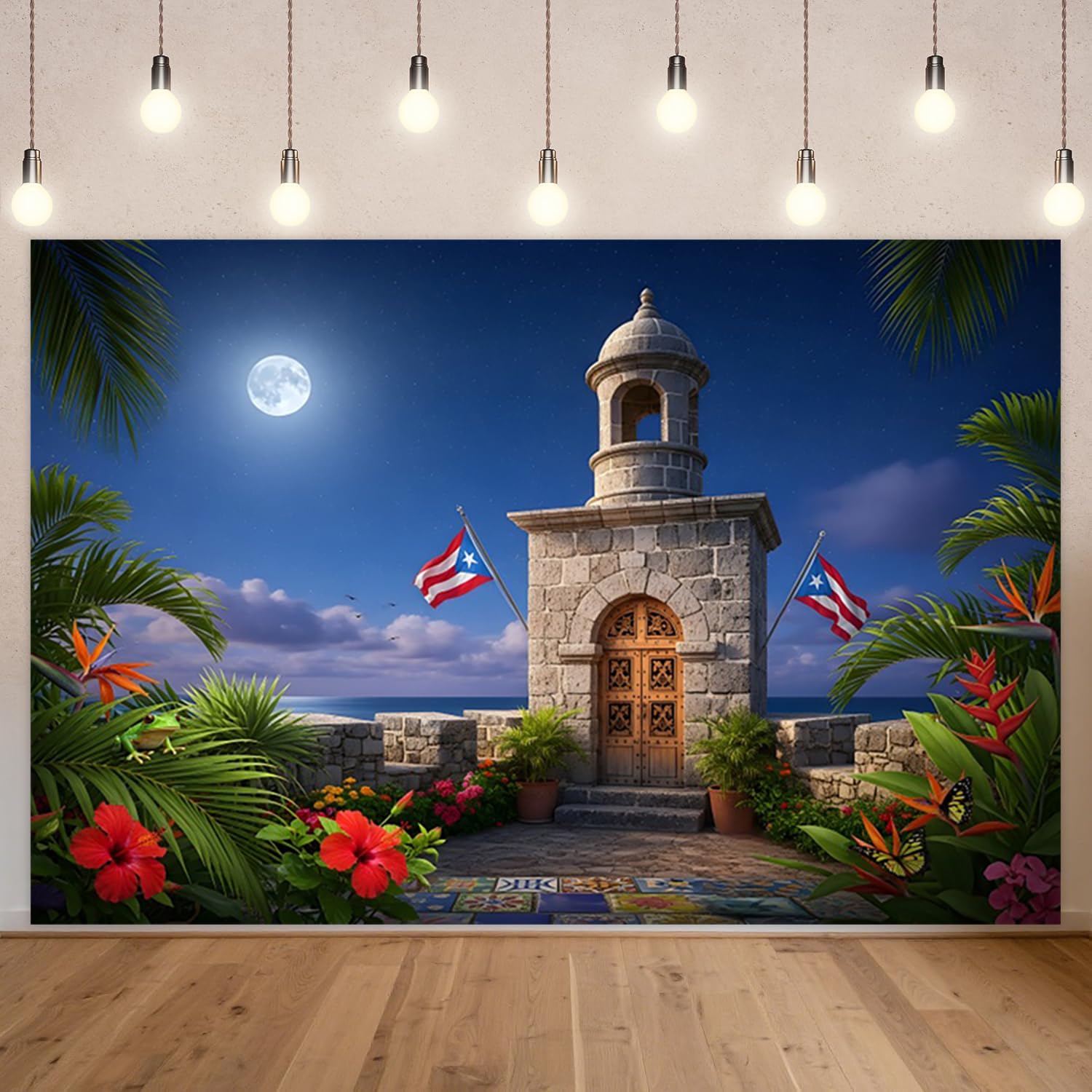 3,6 x 1,8 m Tło Portorykańskie Flagi Strong Coastal Moon Light Kamienna Wieża Kwiat Hibiskusa, Karaibski motyw nocny, akcesoria do studia fotograficznego