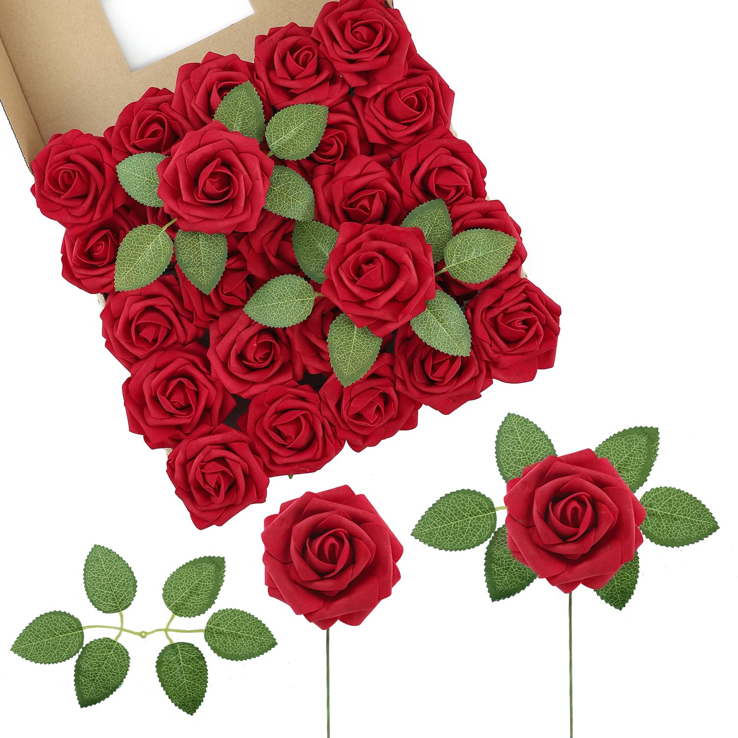 LEUCHTAMOR 50Pcs Artificial Roses Flowers Red Fake Roses Real Touch Foam Rose Heads for Wedding Bridal Bouquets Centerpieces Floral Arrangement Party Home Decoration
