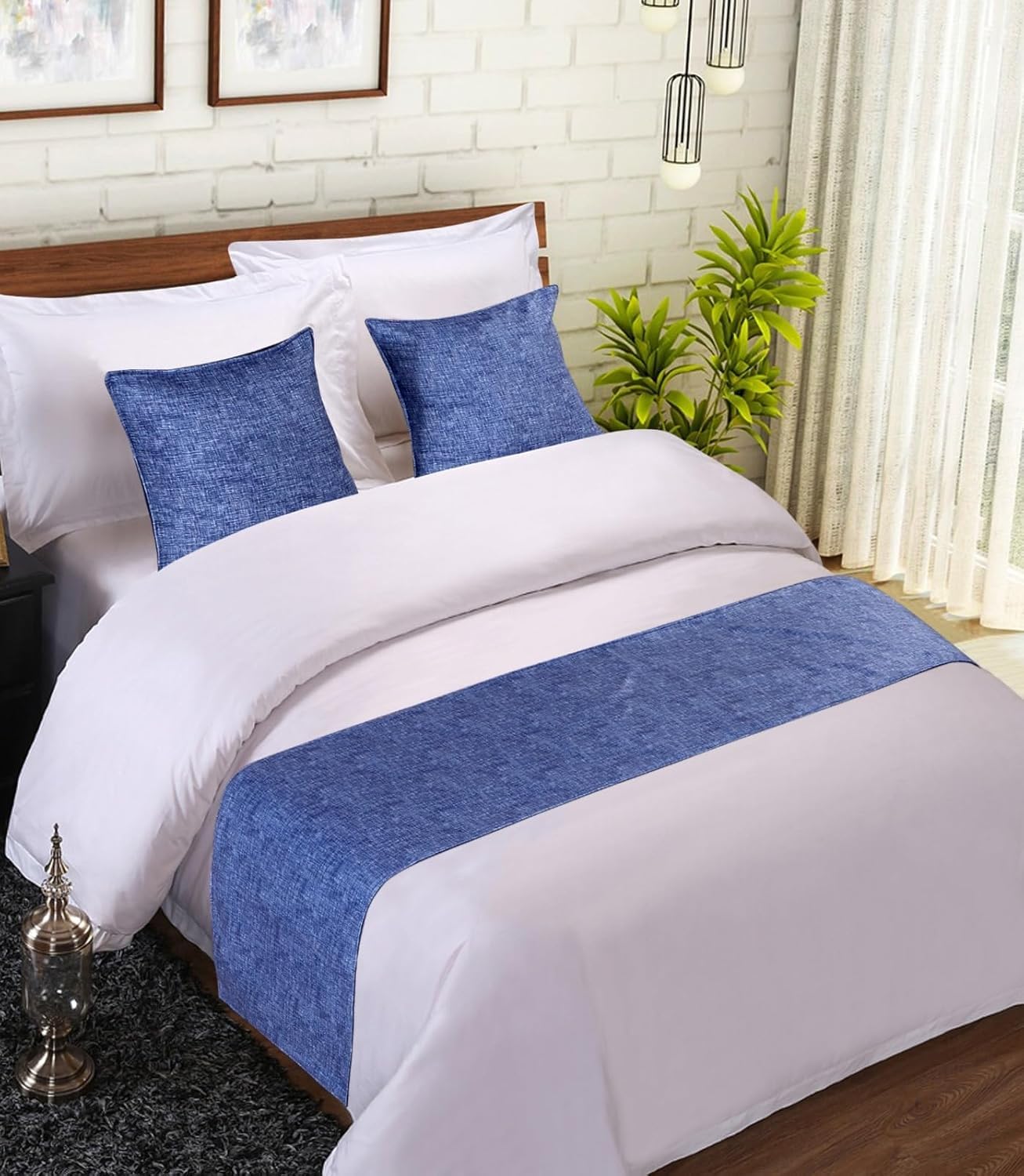 Premium King Size Bed Runner Set with 2 Cushion Covers (Blue)-picture-15