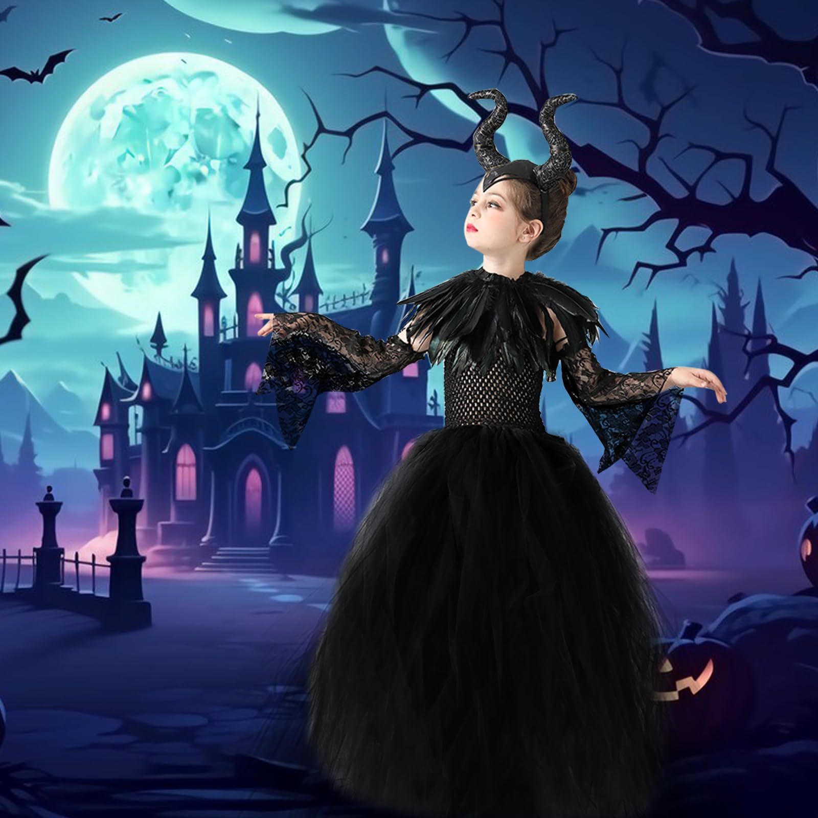 5 Piezas Disfraz de Maléfica Niña: Reina Bruja Malvada Vestido para Niños con Tocado de Cuernos y Capa de Alas Negras para Halloween Carnaval Cosplay Fiesta Traje