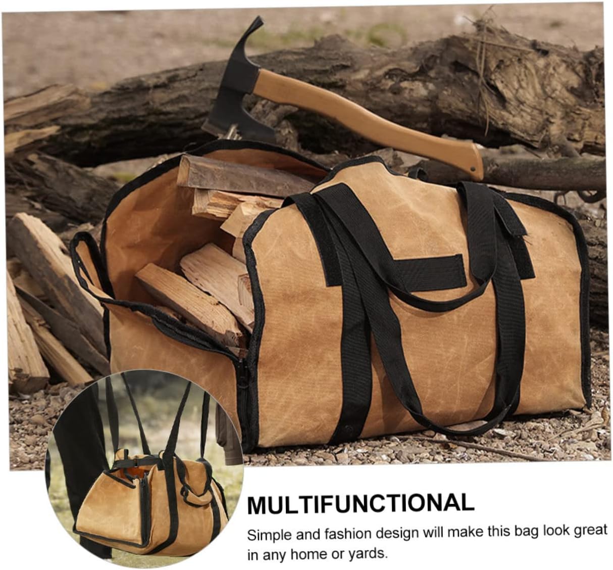 Zerodeko Portable Firewood Carrier Bag Heavy Duty Canvas Log Holder for Indoor Outdoor Use Large Capacity Khaki Wood Tote for Camping Fireplaces
