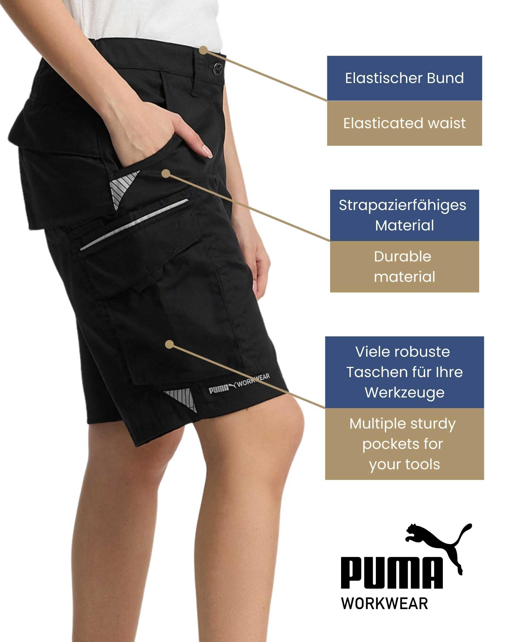 PUMA Workwear Precision X szorty robocze – krótkie spodnie robocze damskie – wytrzymały, elastyczny materiał – wiele kieszeni i elementów odblaskowych – wygodne dopasowanie – idealne do rzemiosła