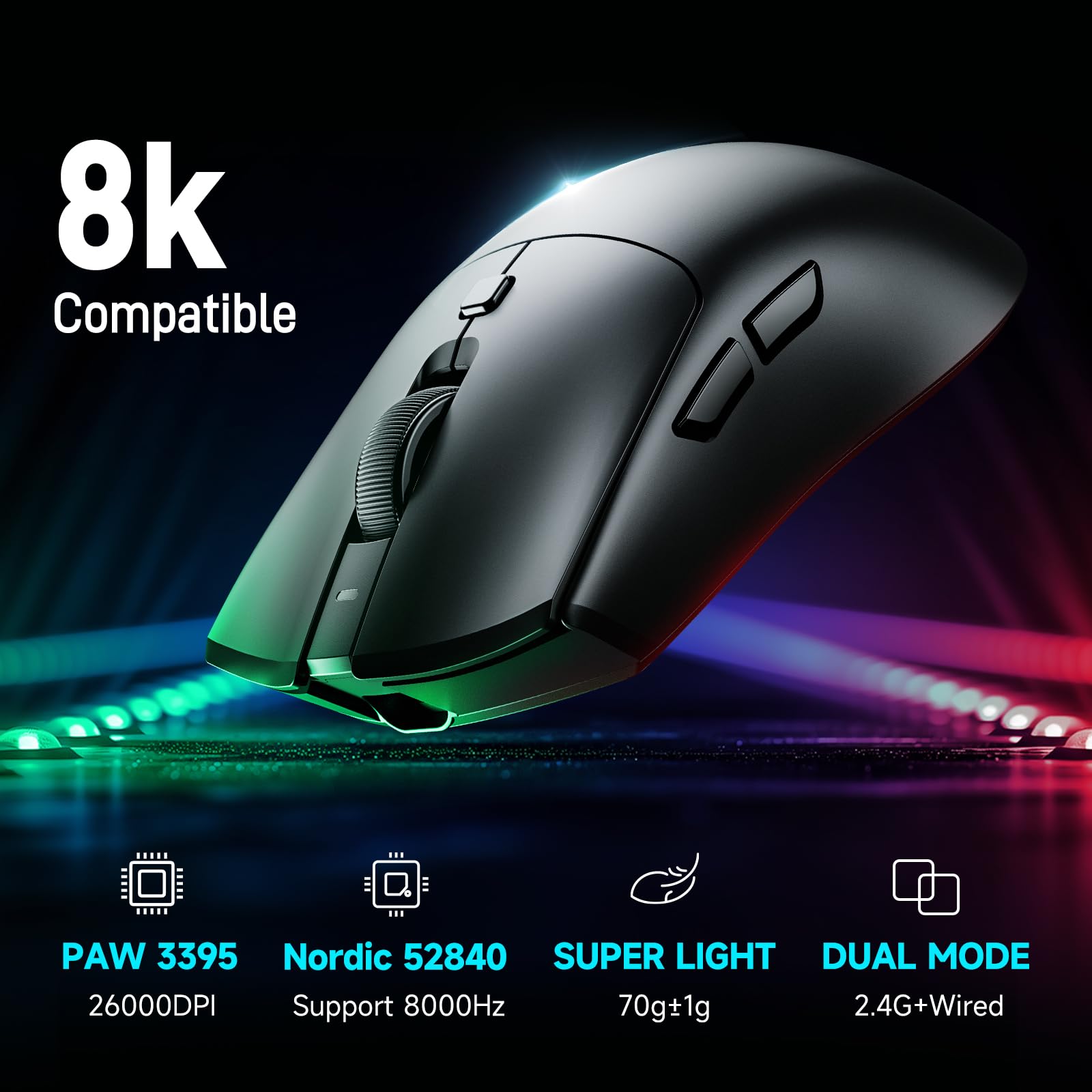 RAWM MH01 Wireless Lightweight Gaming Mouse, PAW3395 Optical Sensor, 26000 DPI, 600mAh Rechargeable Battery, 7 Programmable Buttons, Dual-Driver Gaming Mice for PC/Laptop/Mac