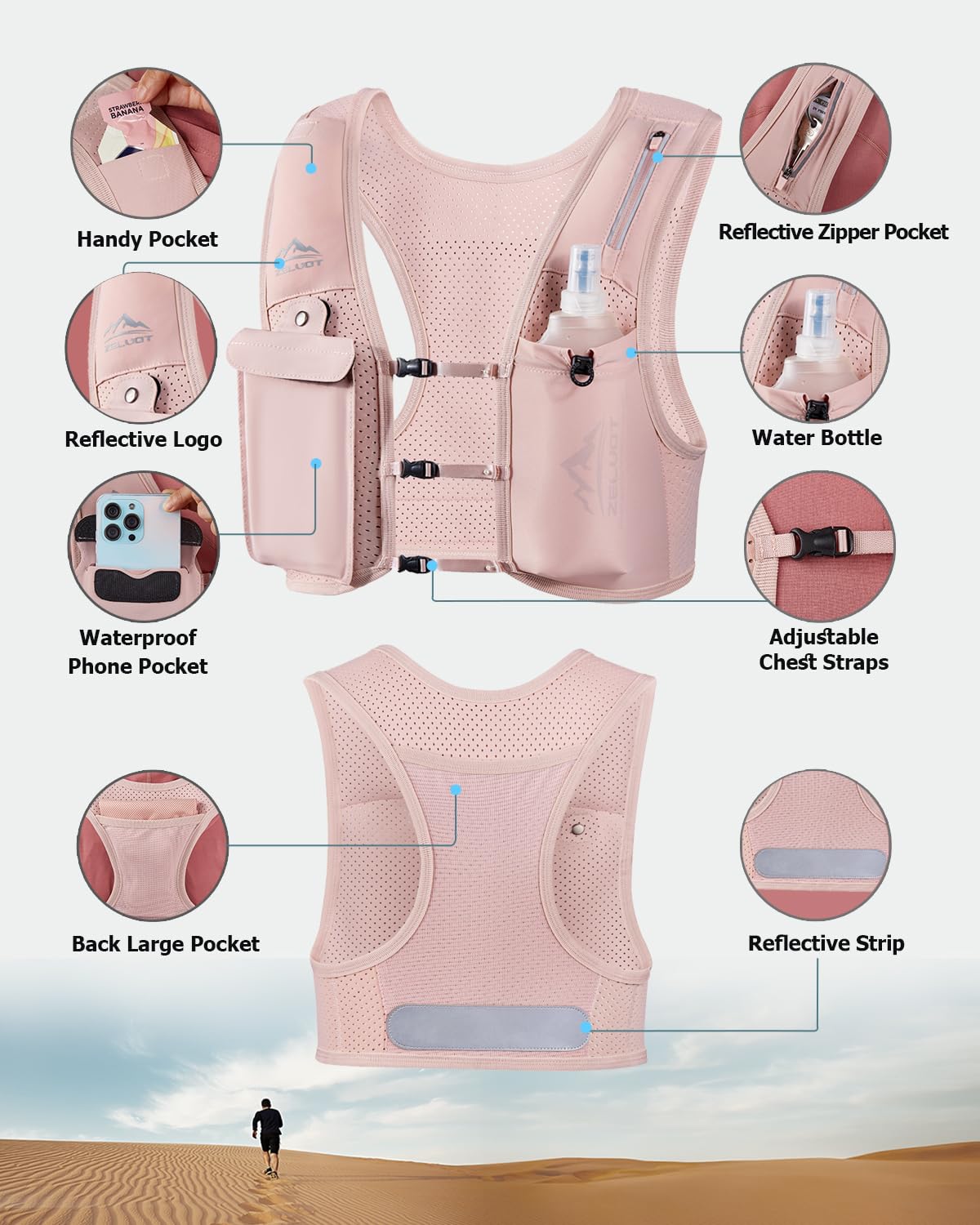 Zelvot Zaino Trail Running per Uomo e Donna, Brevetto Originale Europeo, Cinghie Pettorali Regolabili, Gilet Running con Borraccia Morbida 500ml, Gilet Corsa con Supporto per Telefono