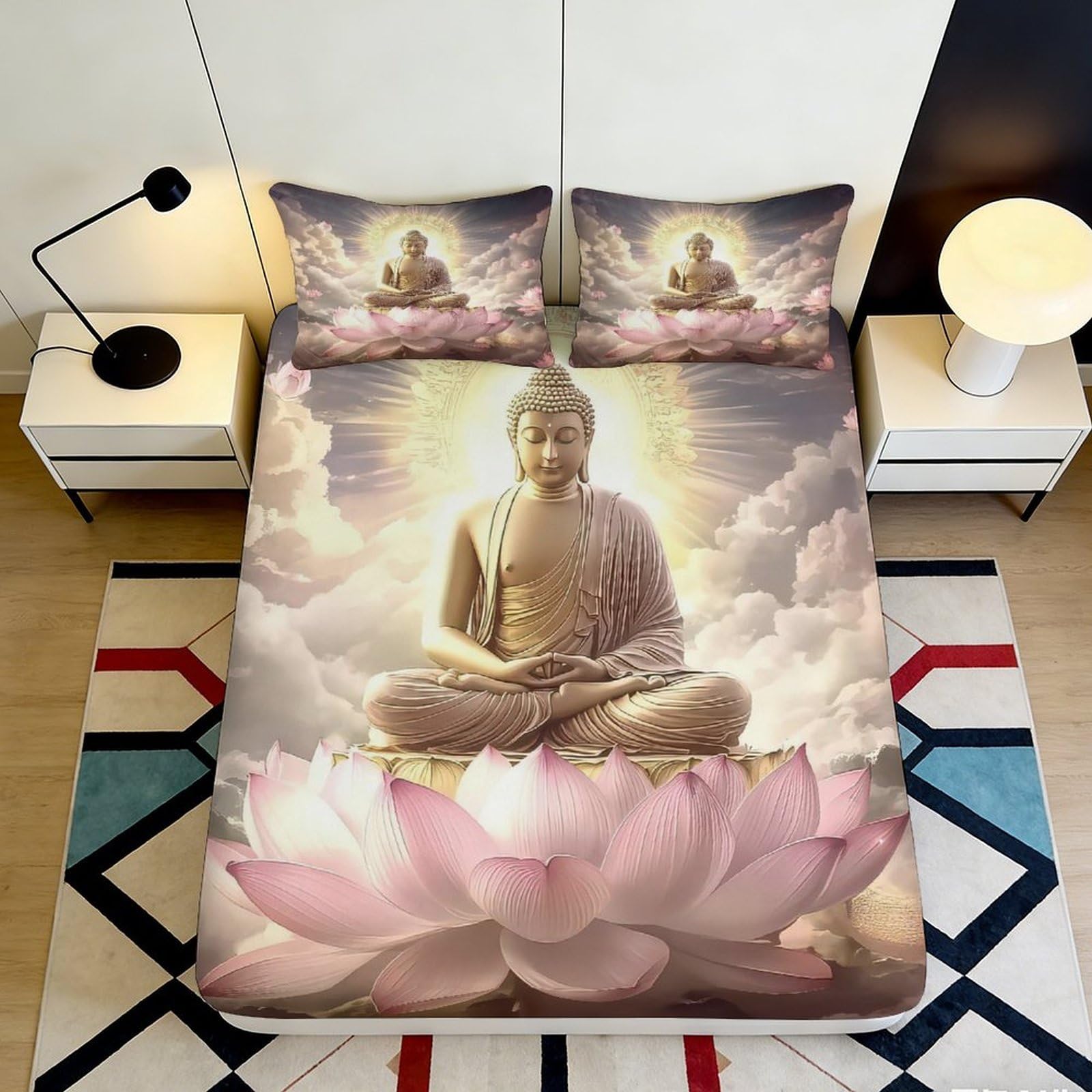 3D Printed Buddha Lotus Fitted Sheet Microfiber Soft Decor Mattress Cover for Bedroom Guest Room Artistic Protection 90x200x25cm