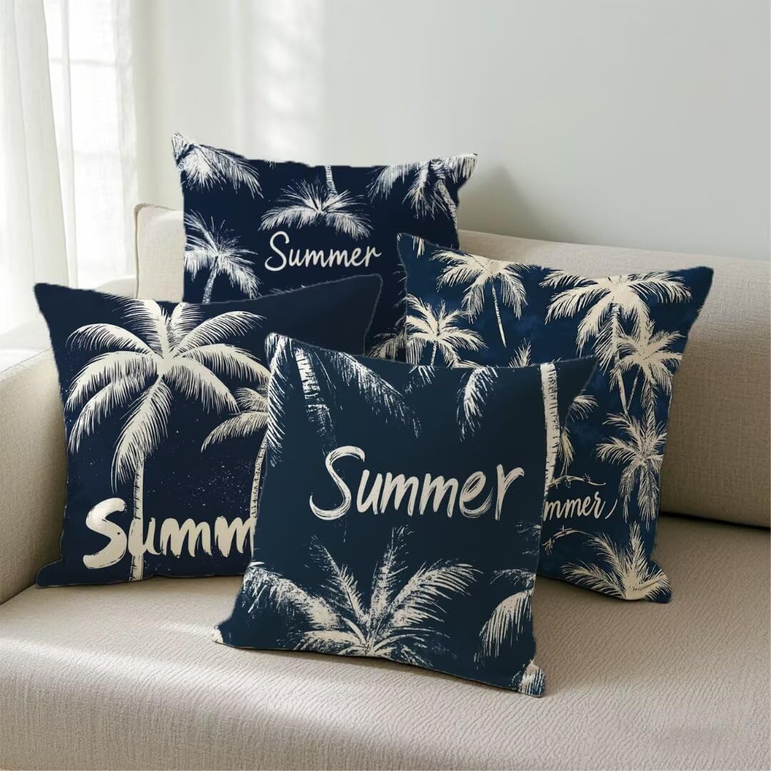 Fundas Cojines 40x40 cm Exterior Cojines Azul Marino Fundas de Almohada Juego de 4, Cuadrados Funda Cojin Plantas Tropicales Almohadas Sofa Cama Decorativos para Hogar, Jardín, Salón y Dormitorio Ym69