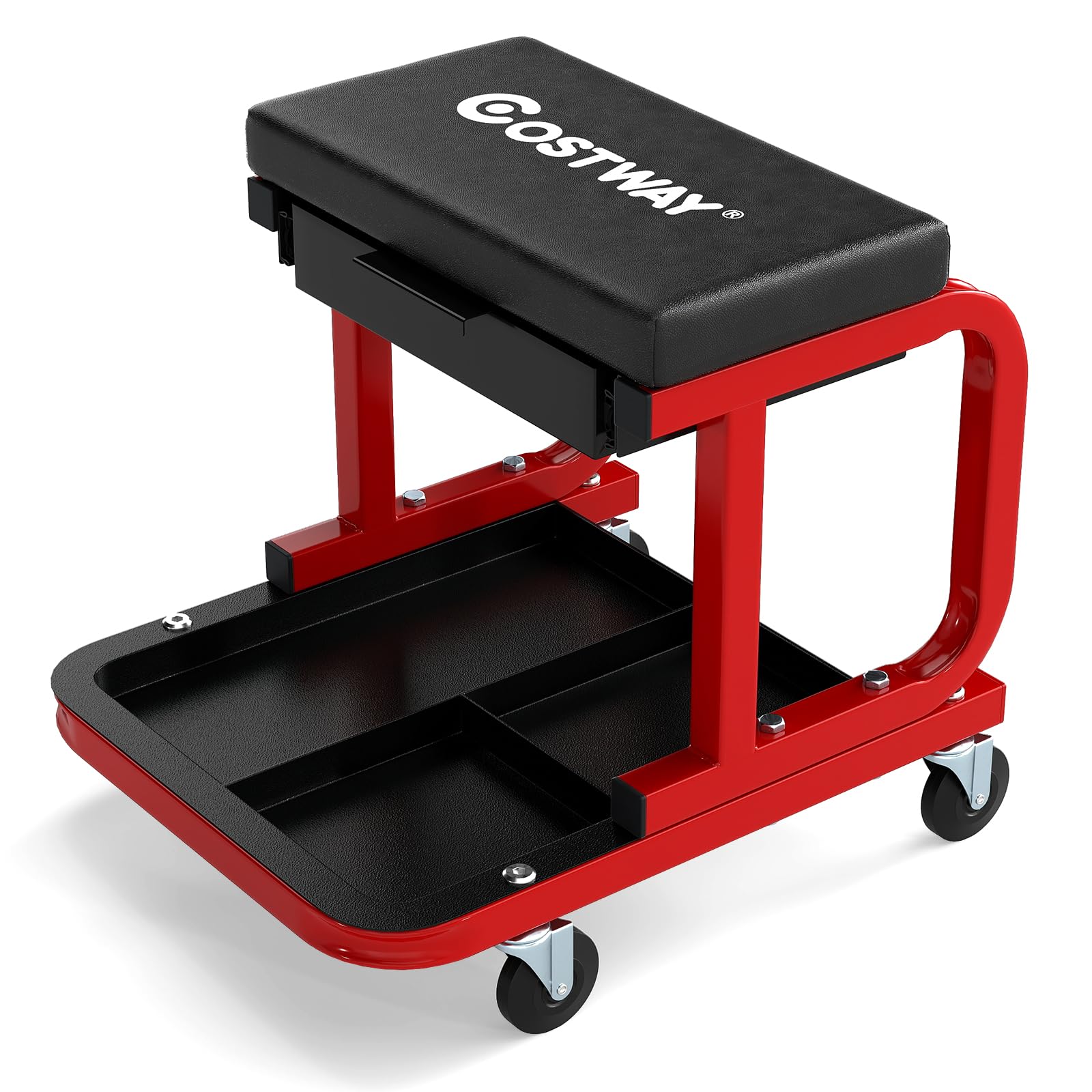 GOOPLUS Taburete de Taller con Ruedas, Taburete de Mecánico con Asiento Acolchado, Cajón Extensible, Bandeja para Herramientas, Ruedas Giratorias 360°, Silla de Trabajo, Carga 185 kg (Negro)