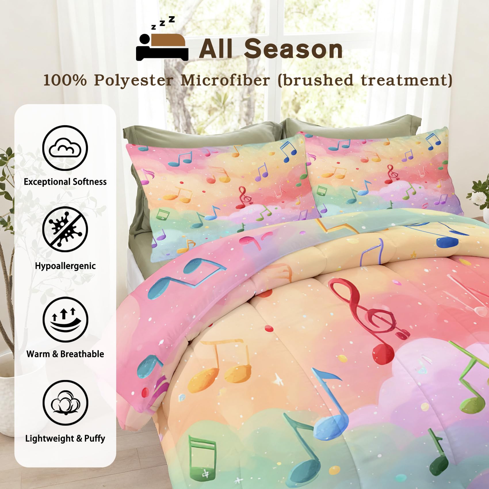 Musik Bettdecke 135x200 4 Jahreszeiten, Bunte Musiknoten Bettdecke Ohne Bezug Warm Steppdecke Ganzjahresdecke Mit Kissenbezug, Schlafzimmer Deko Musik