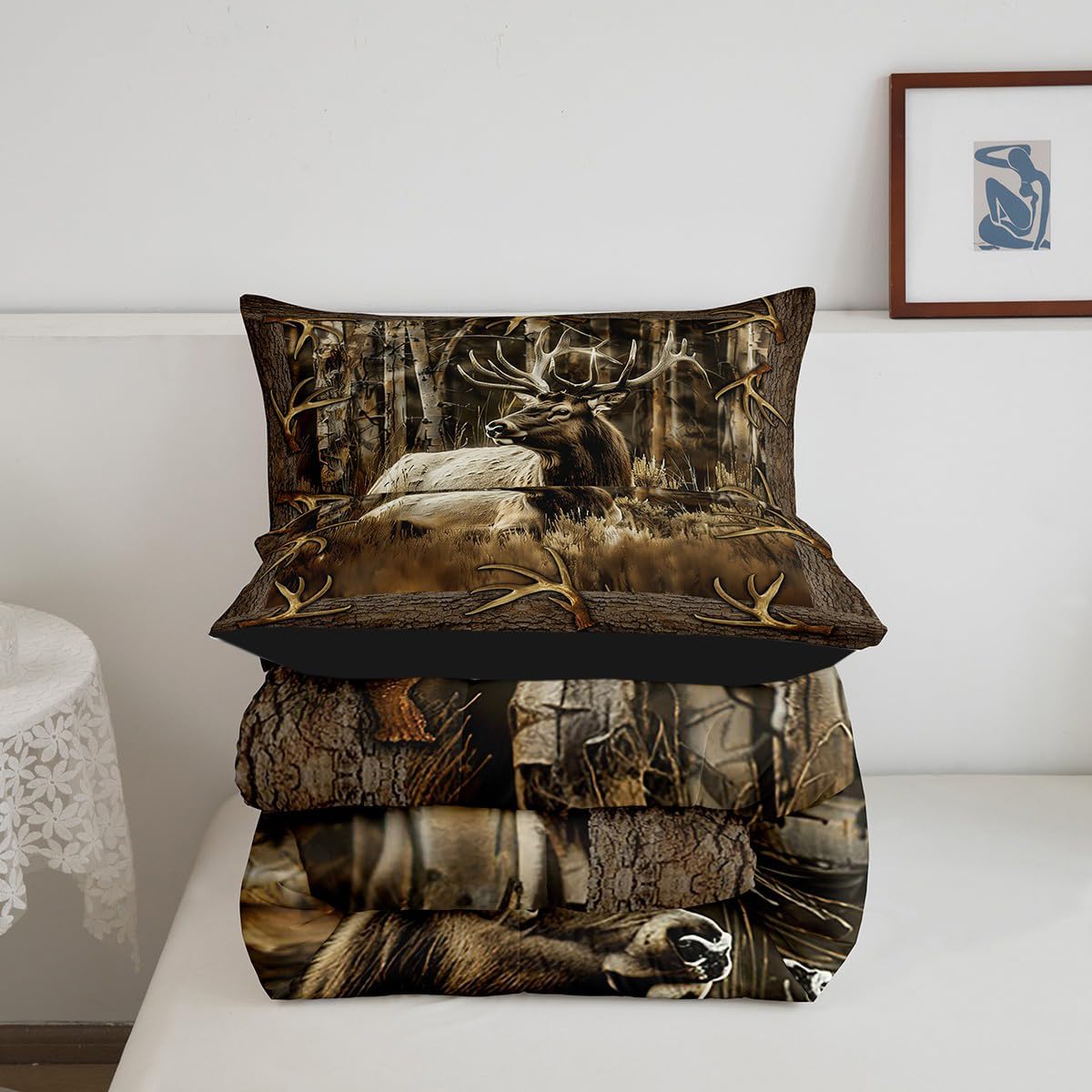 Erosebridal Rustic Deer Comforter Set for Cabin Lodge Vintage Elk Moose Antlers Bedding Set Queen Size Farmhouse Woodland Quilt Hunting Animal Duvet Insert with 2 Pillowcases Home Room Decor - Image 6