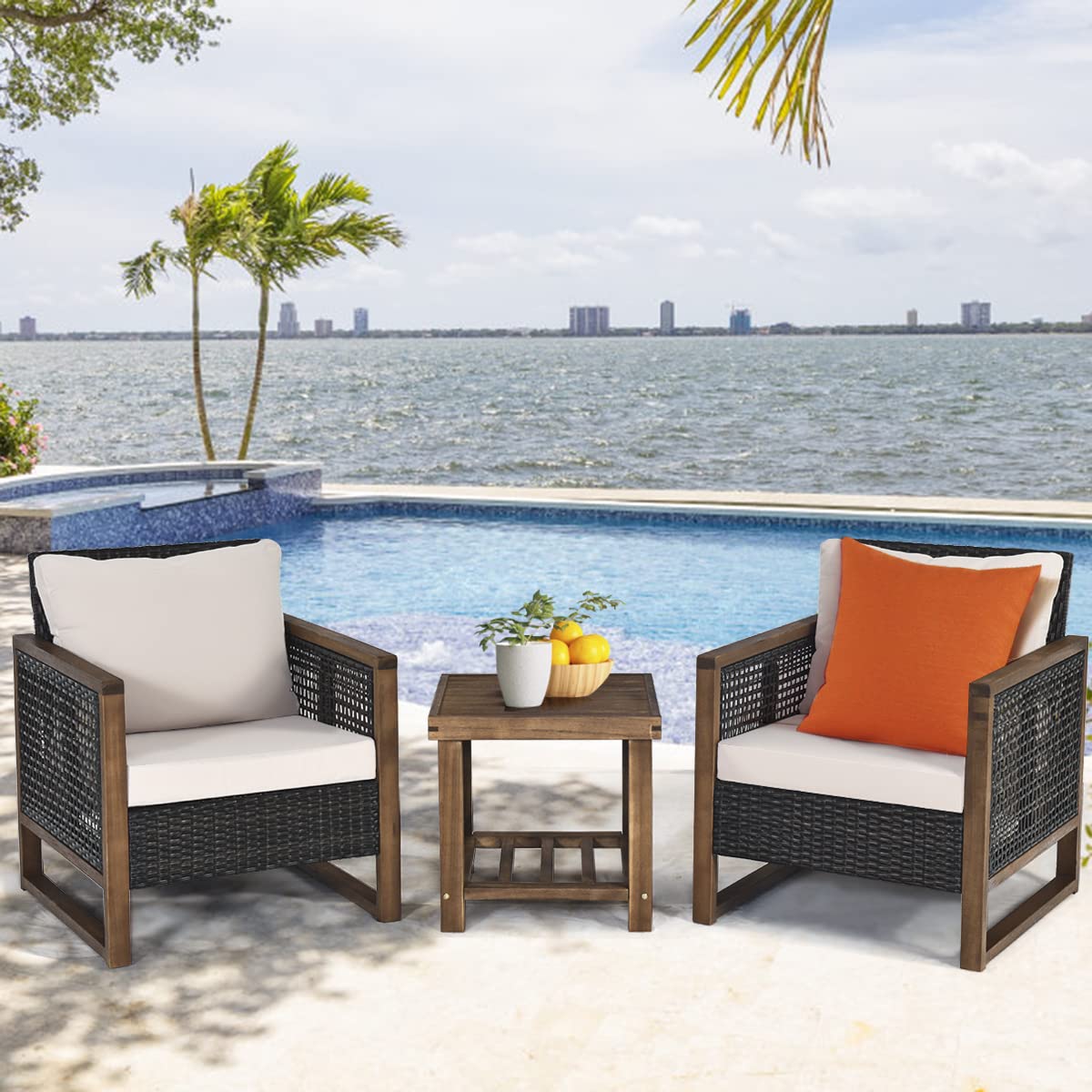 GIANTEX Juego de Muebles de Jardín 3 Piezas, 2 Sillones de Ratán con Marco de Madera de Acacia, con Mesita de Café, Asiento con Cojines, 115 x 64 x 80 cm, para Jardín, Terraza, Patio