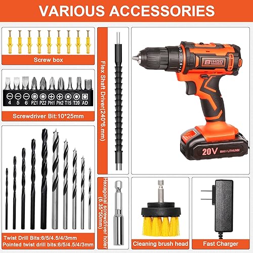 Miniatura 2 de Juego de controlador de taladro de 20 V, taladro inalámbrico con batería y cargador, kit de herramientas LED, configuración de par 25+1 y 43 brocas