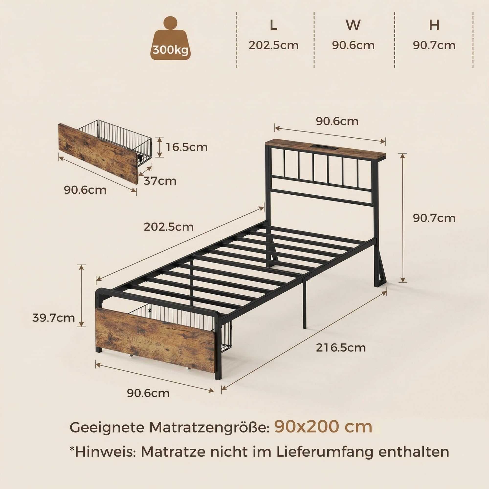 IRONCK Bett 90x200 mit LED und Ladestation, Bettgestell mit Stauraum | Doppelbett mit 2 Schubladen, 2 AC-Steckdosen, USB-A & USB-C, Jugendbett mit Lattenrost aus Metall, Betten für Schlafzimmer