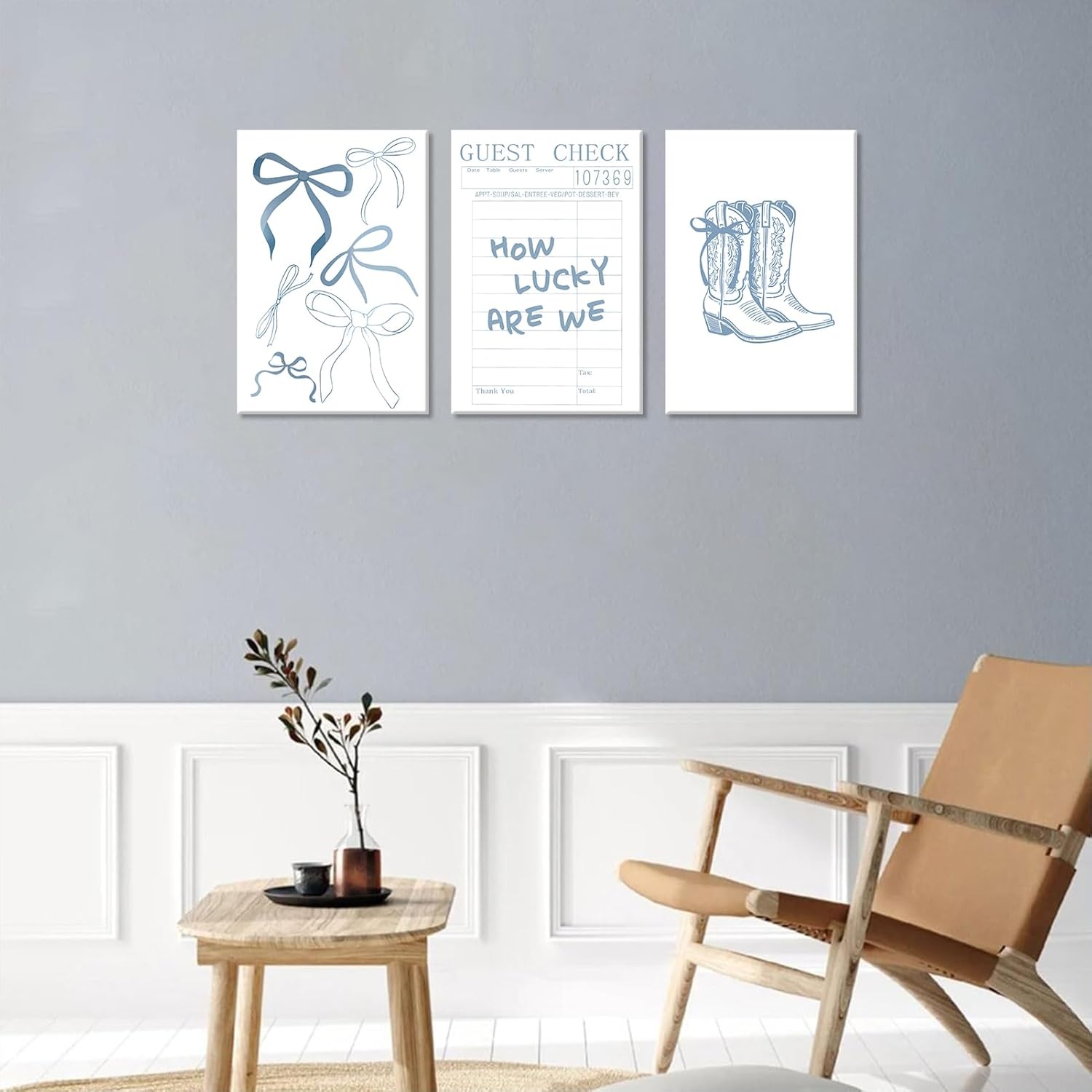 3Pcs Coastal Cowgirl Canvas Wall Art How Lucky Are We Wall Decor Pictures Blue Preppy Coquette Bow Boots Posters Prints Trendy Western Girly Dorm Bedroom Decoration 12x16in