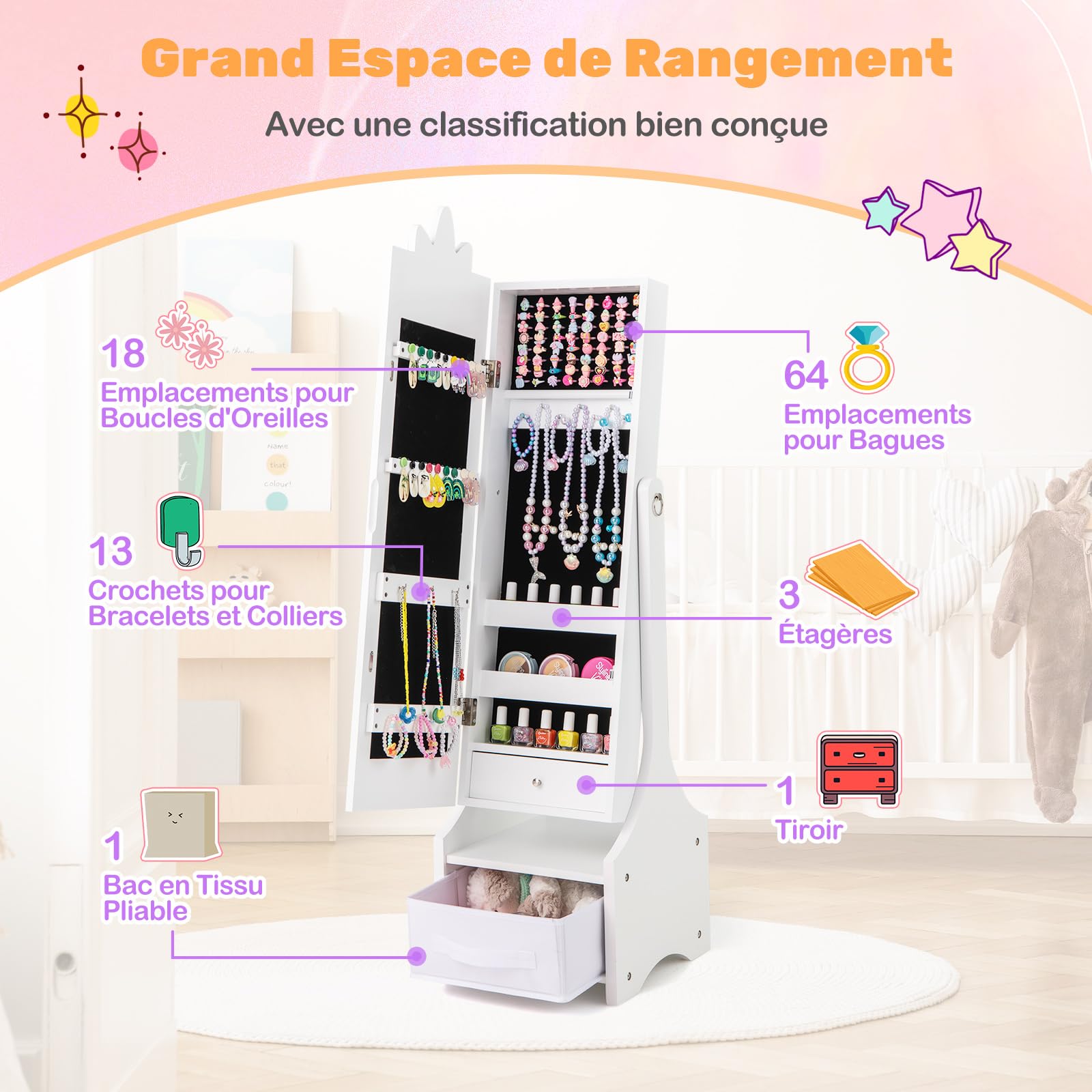 COSTWAY Armoire à Bijoux Enfant avec Miroir & Bac en Tissu, Organisateur à Bijoux en Motif Licorne avec 2 Angles d'Inclinaison, Dispositif Anti-basculement, Miroir sur Pied pour 3 Ans+ (Blanc)