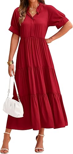 dowerme Vestidos de verano para mujer, casual, manga corta, con botones, ajuste holgado, plisado, bohemio, fluido, vestido largo para playa