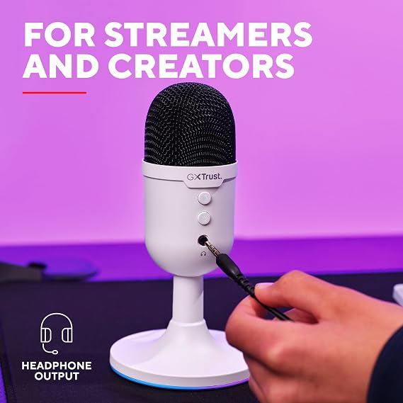 Trust Gaming GXT 236W Yami USB Condenser Streaming Microphone for Podcast, Twitch, Discord, ASMR, Youtube, Playstation 5, Gaming Mic with Cardioid Recording Pattern, Mute Button, RGB Light - White