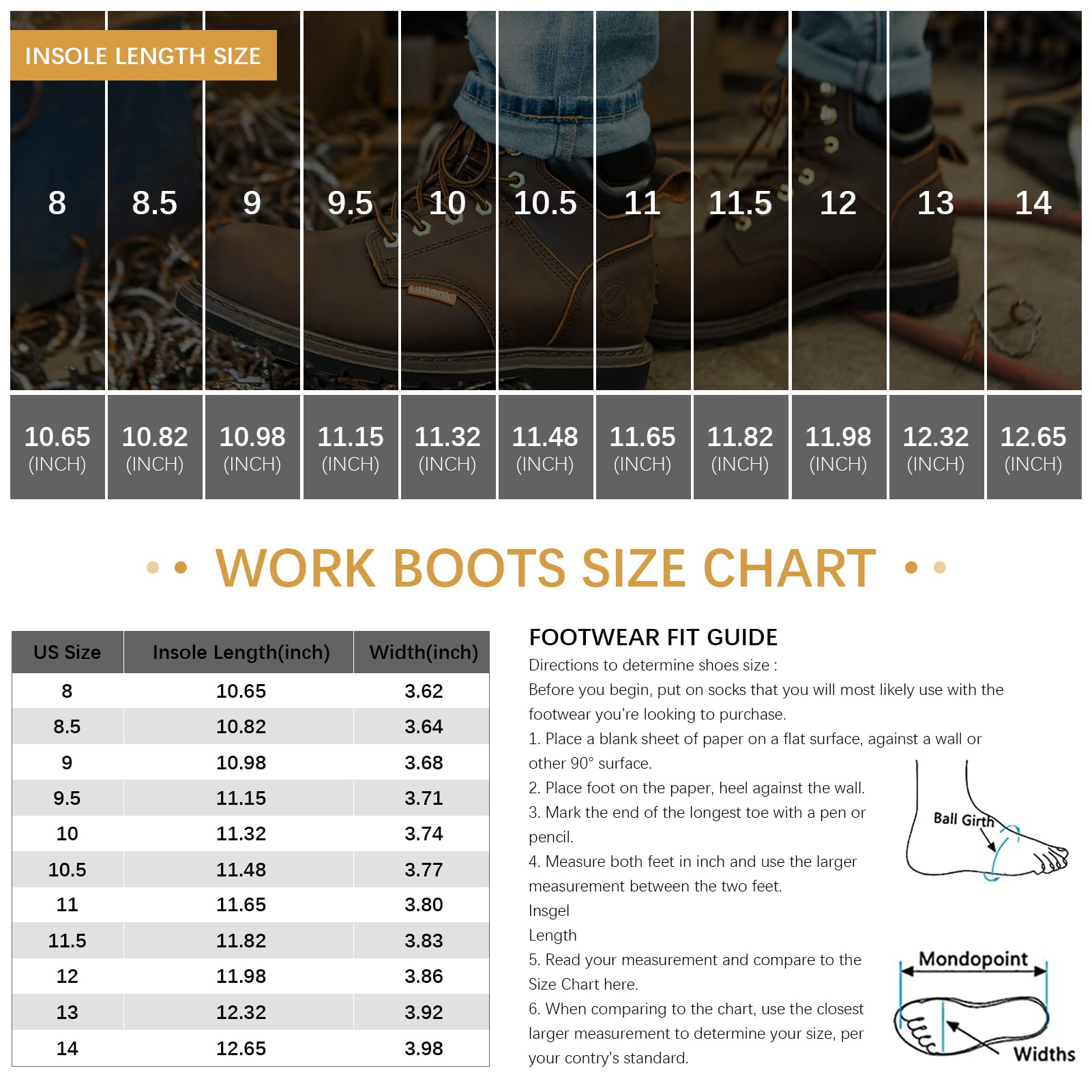 Work Boot Sizing Guide Steel Toe Boots for Men Waterproof, 6
