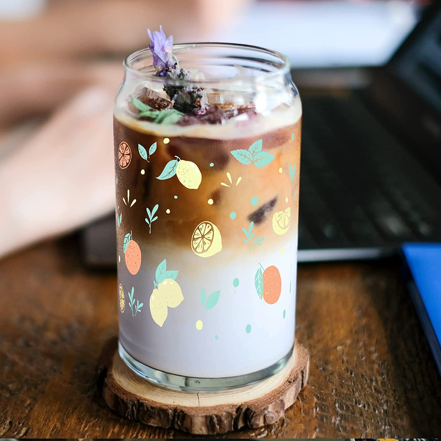 KriVat Drinking Glasses with Lid Glass Straw 1 pcs Can Shaped Glass Cups, Beer Glasses, Iced Coffee Glasses, Cold Drink Smoothie Cups, Ideal for Whiskey, soda, Tea, Water, Gift Multi Print 2