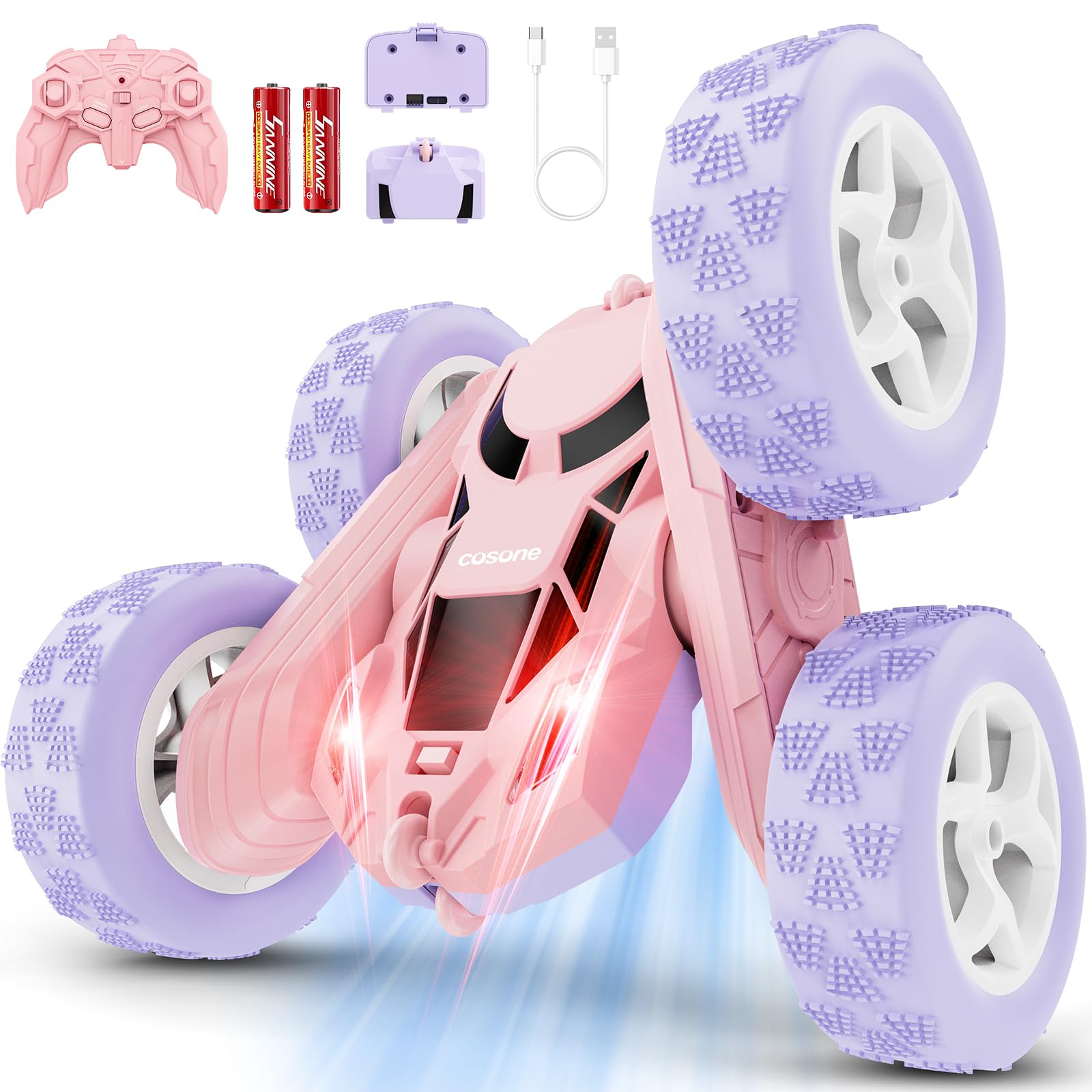 cosone Remote Control RC Stunt Car 2.4GHz 360° Flip Crawler with LED Light and USB-C Modular Batteries for Indoor and Outdoor - Gift Toy for Girls and Boys 6-12 Years Old