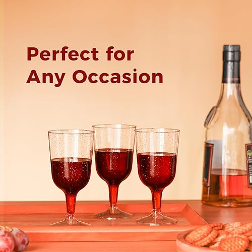 Miniatura 7 de Paquete de 30 copas de vino de plástico de 6 onzas – Mini copas desechables con purpurina dorada con base extraíble para bodas, fiestas, champán,