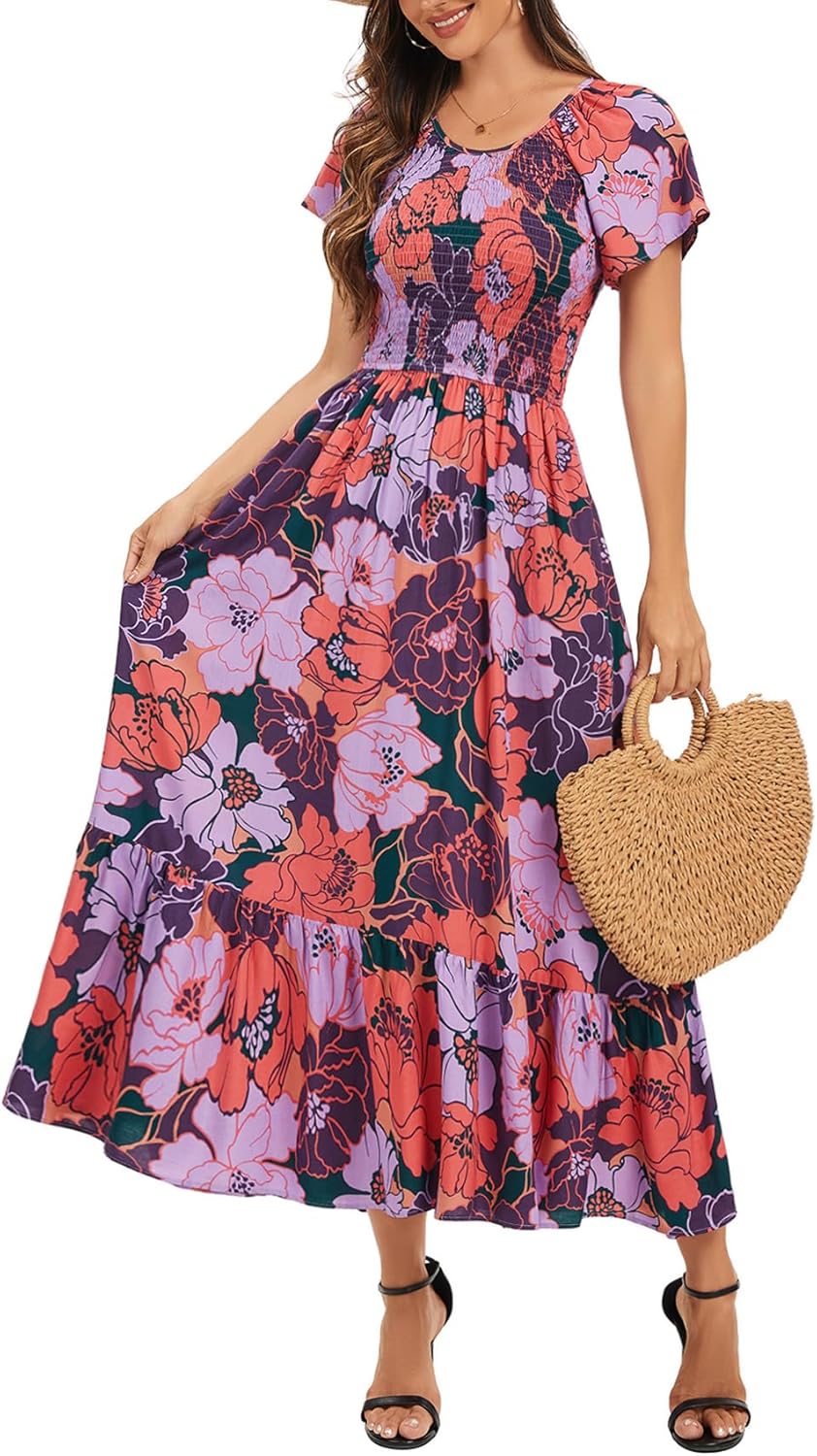 Summer Floral Smocked Maxi Dress for Women Casual Short Sleeve Flowy Long Boho Beach Party Dresses with Pockets - Image 3