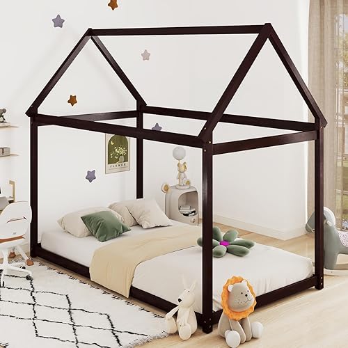 Miniatura 8 de KOMFOTT Marco de cama individual para niños, plataforma de madera maciza para niños con techo y múltiples listones, marco de cama para niños