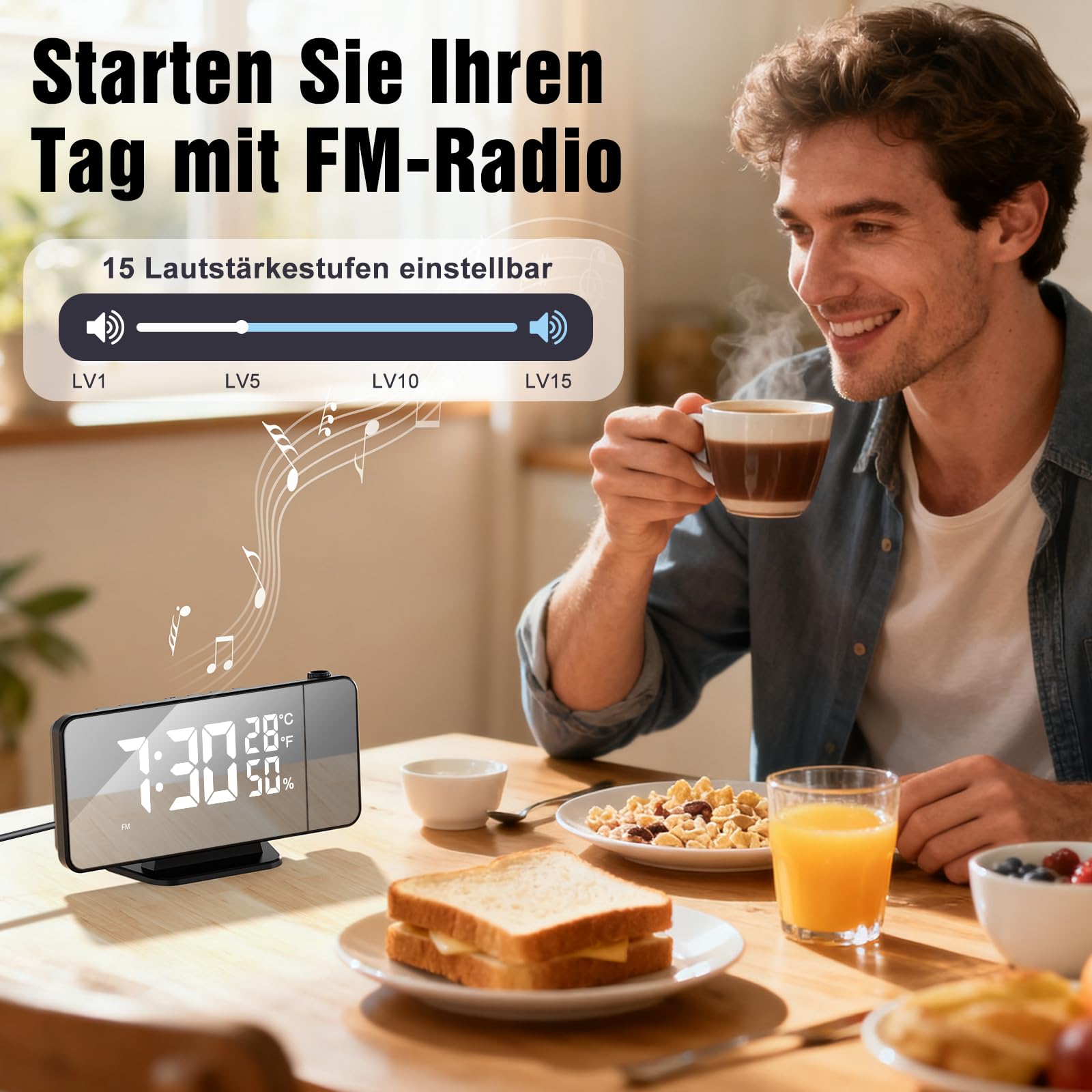 TAKRINK Projektionswecker, Wecker Digital mit 180° Projektion, Reinweiß | 5,5 Zoll LED-Display, 12/24H, FM-Radio, Snooze 5–60 Min., 4 Helligkeiten, USB-Ladeausgang