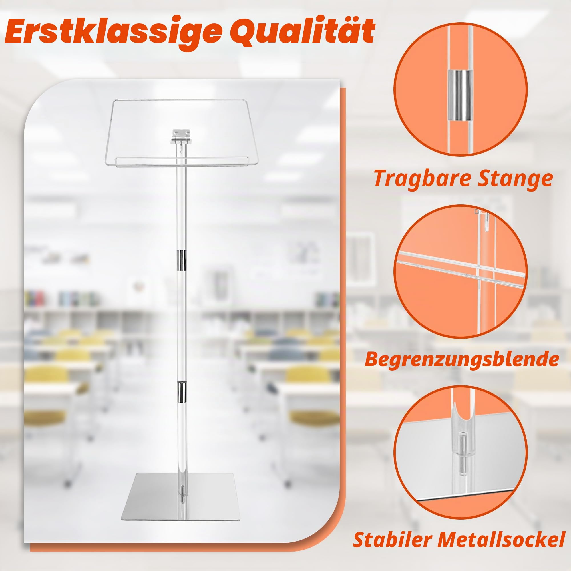 Podiumständer, Rednerpulte & Podien, Acryl, verstellbare Winkel mit Metallsockel, Podium für Kirche, Hochzeiten, Klassenzimmer, Rede, 40,6 cm L x 30,5 cm B x 108 cm H (transparent)