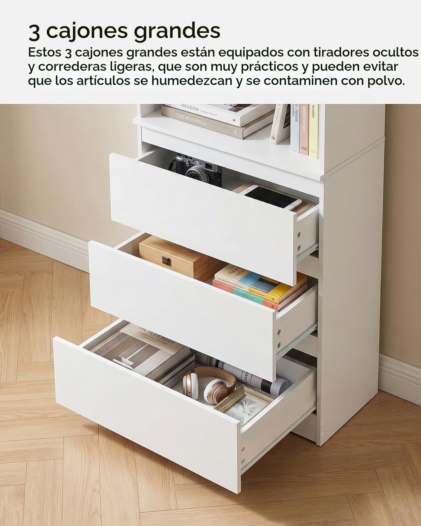 Estantería Libros Blanca con Cajones 60x32x180cm Libreria Alta para Salón Oficina Dormitorio Almacenaje Mueble Blanco