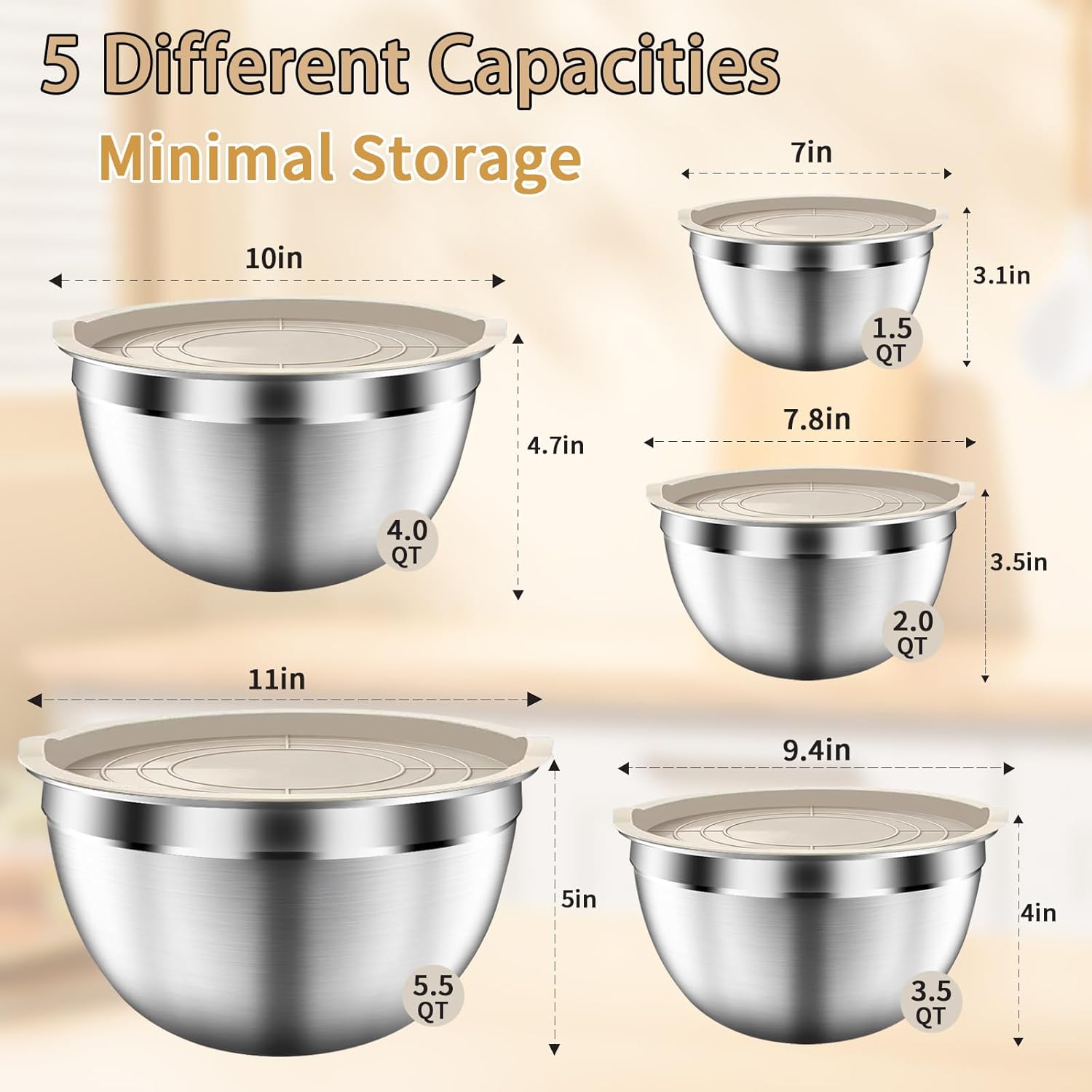 Mixing Bowls with Airtight Lids Set, 5 PCS Stainless Steel Khaki Nesting Bowls for Kitchen, Large Prep Metal Mixing Bowls for Kitchen, 5.5/4/3.5/2/1.5 QT for Mixing & Serving