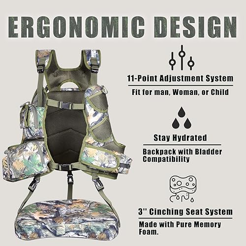 Vista 17 de UIIHUNT Chaleco de pavo con asiento: chaleco ligero de caza de pavo con bolsa de juego, accesorios ajustables para equipo de caza de pavo Tree Camo