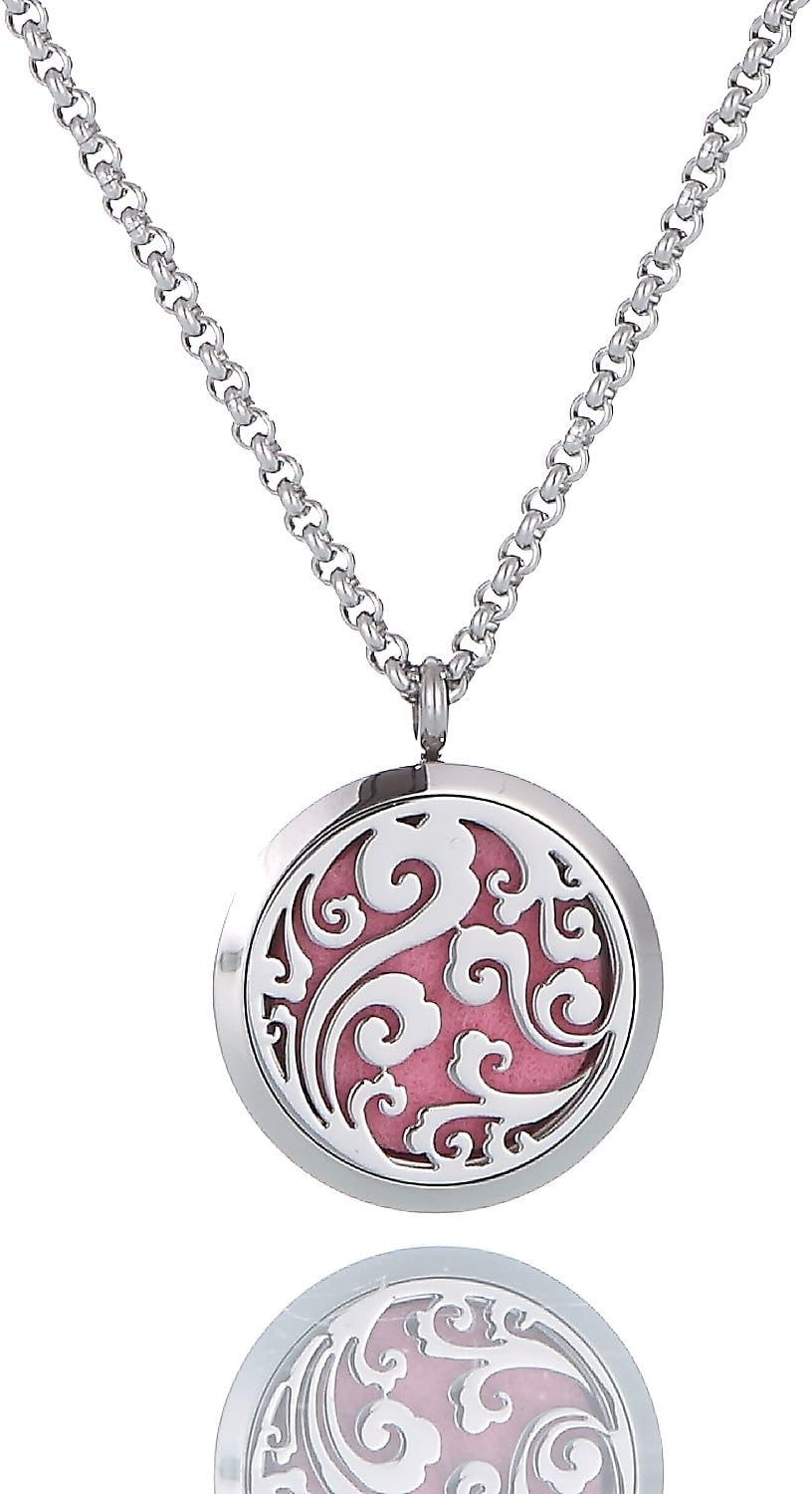 Essential Oils Diffuser Magnetic Locket / Carving Aromatherapy Round Pendant Necklace Chain and Cotton Pads Include