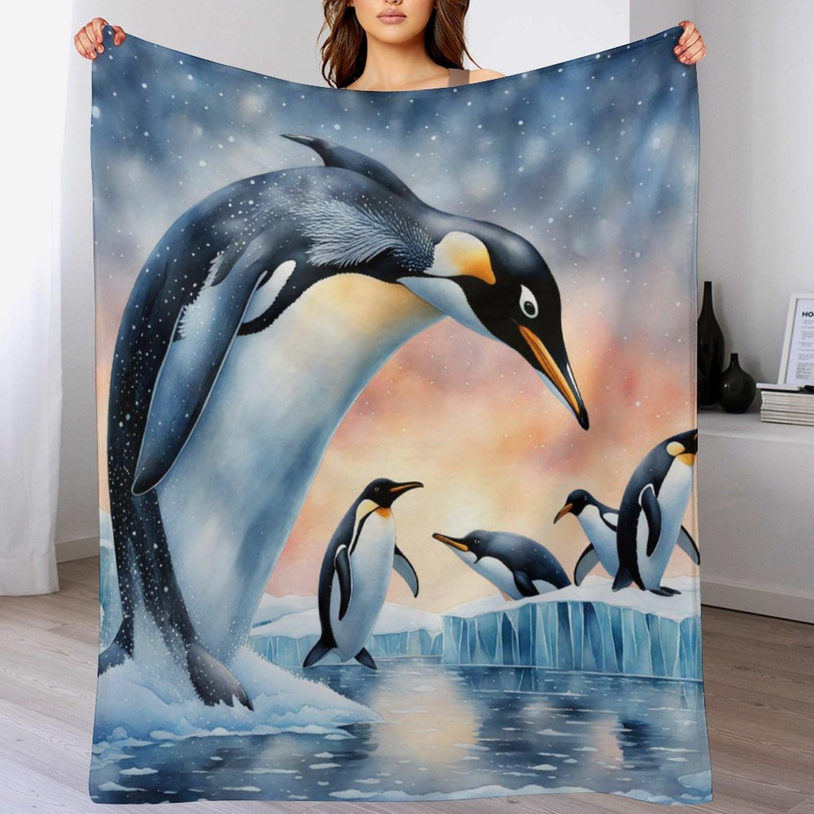 Couverture polaire pingouin 100x130 cm en flanelle peluche douillette pour lit et canapé