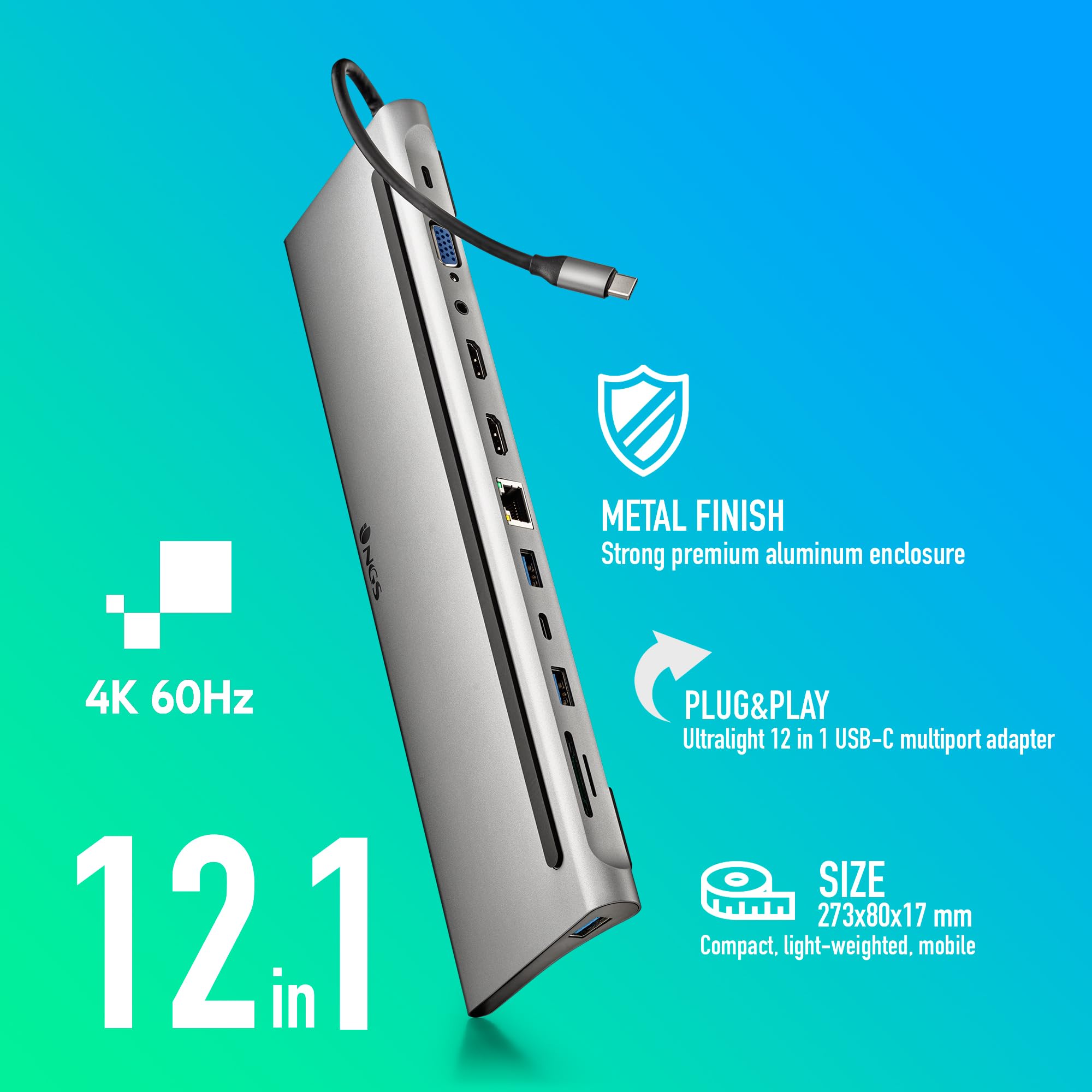 NGS Wonder Dock 12 Hub USB 3.0 typu C, wieloportowy 12 w 1, szybkie ładowanie, HDMI, VGA, RJ45, SD/TF, szeroka kompatybilność (laptopy, MacBook, telefony komórkowe), kompaktowy, 273 x 80 x 17 mm