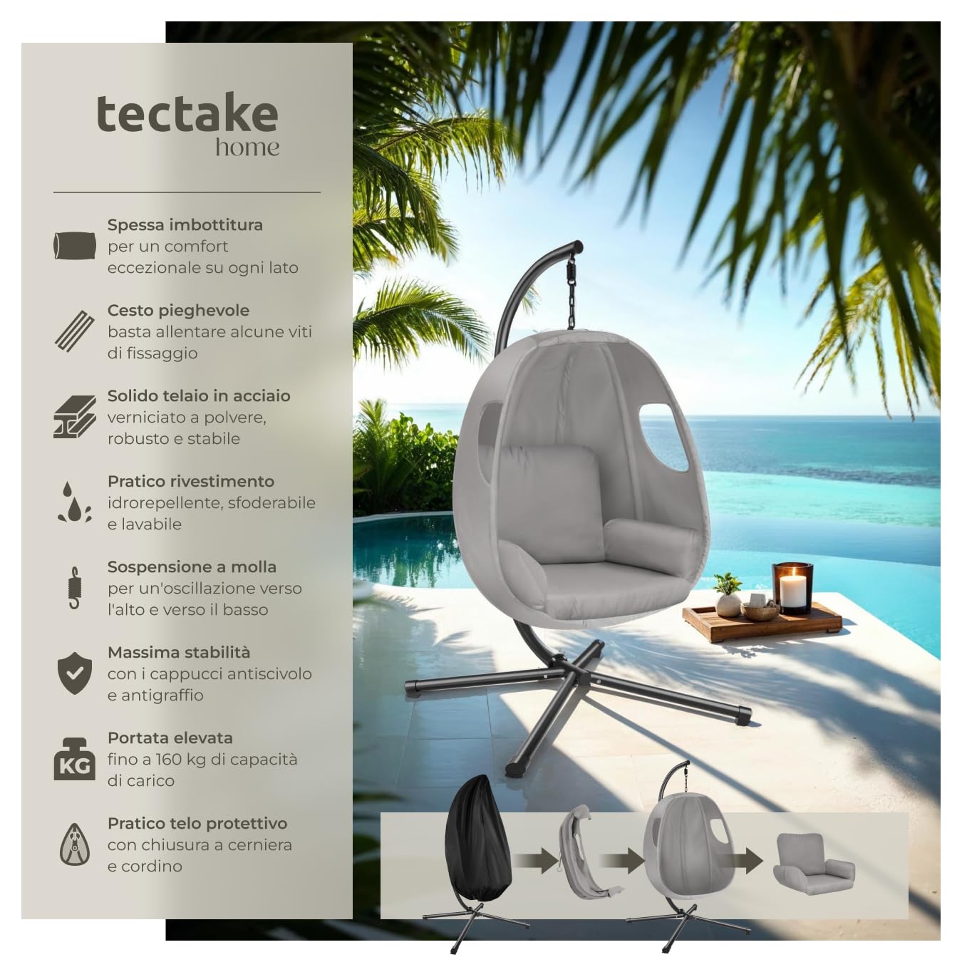 Poltrona Sospesa Girevole Tectake® Con Cuscino Extra Spesso | Per Giardino E Interni, Imbottita E Regolabile - Foto 8