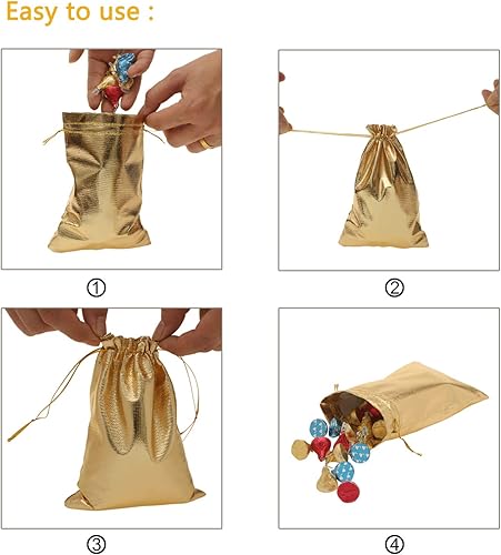 Miniatura 4 de Paquete de 100 bolsas de organza doradas resistentes de 5 x 7 pulgadas con cordón para joyería, boda, fiesta, Navidad, regalo, caramelos,