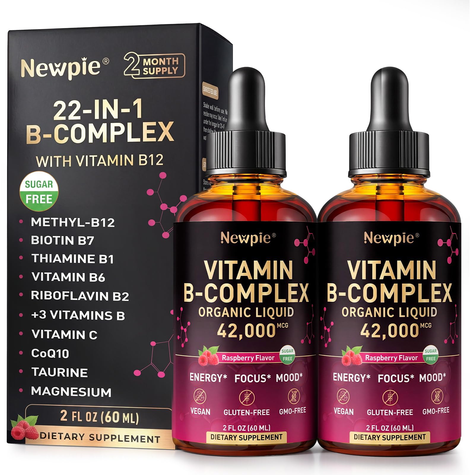 Newpie Complexo B líquido com metilcobalamina B12, B1, B2, B3, B5, B6, B7, B9, vitamina C, magnésio, colina, inositol, cromo, taurina e CoQ10, 2 frascos de 1.774 mL