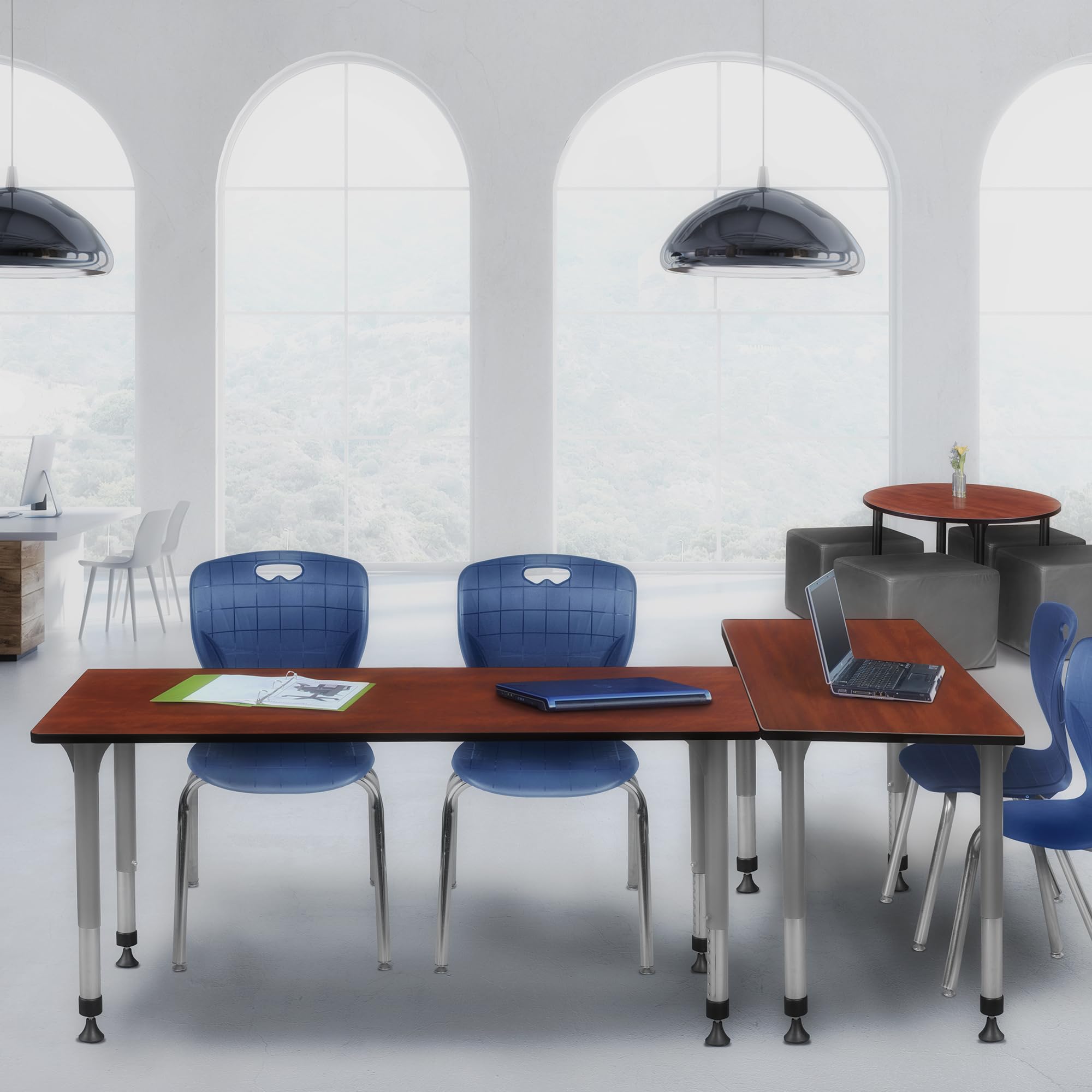 Romig Kee Classroom Activity Table & Chair Kit 6, 66 x 24, Cherry|Chrome|Grey|Navy Blue