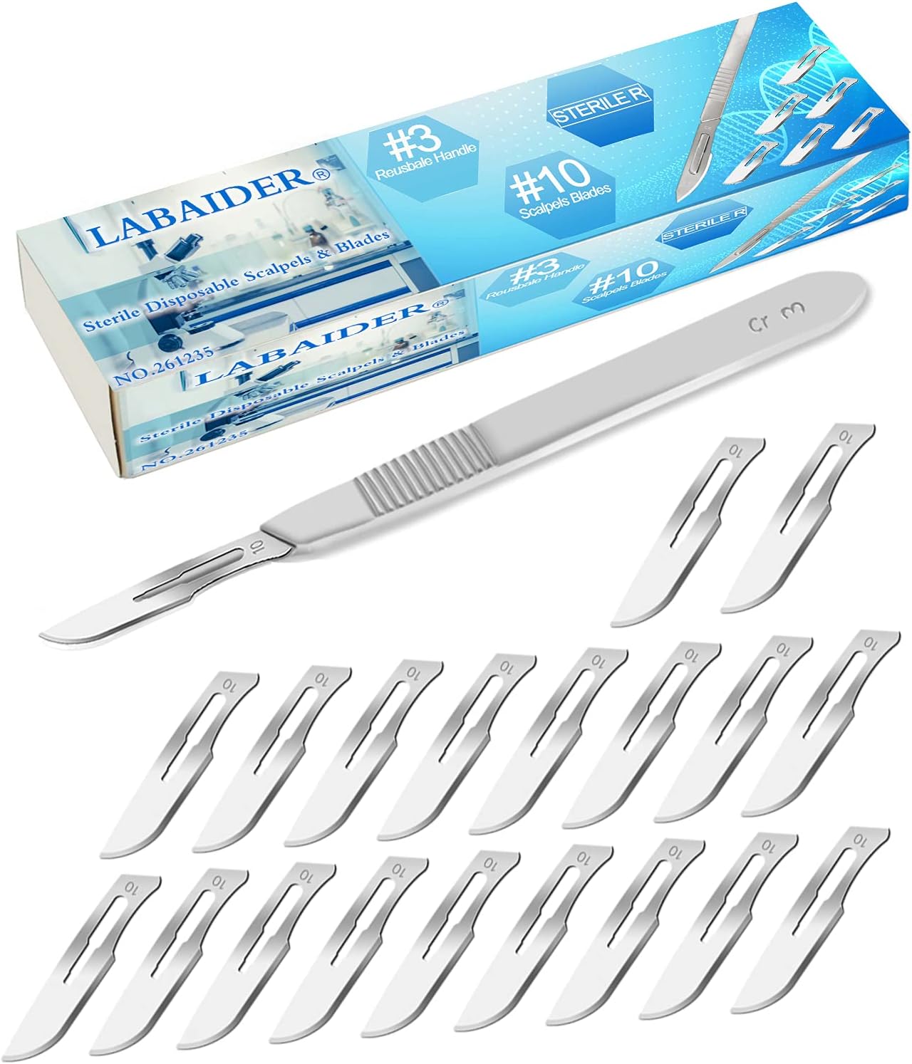 Scalpel Sterile Blades #10 20pcs Sterile Individually Foil Wrapped, with #3 Scalpel Knife Handle