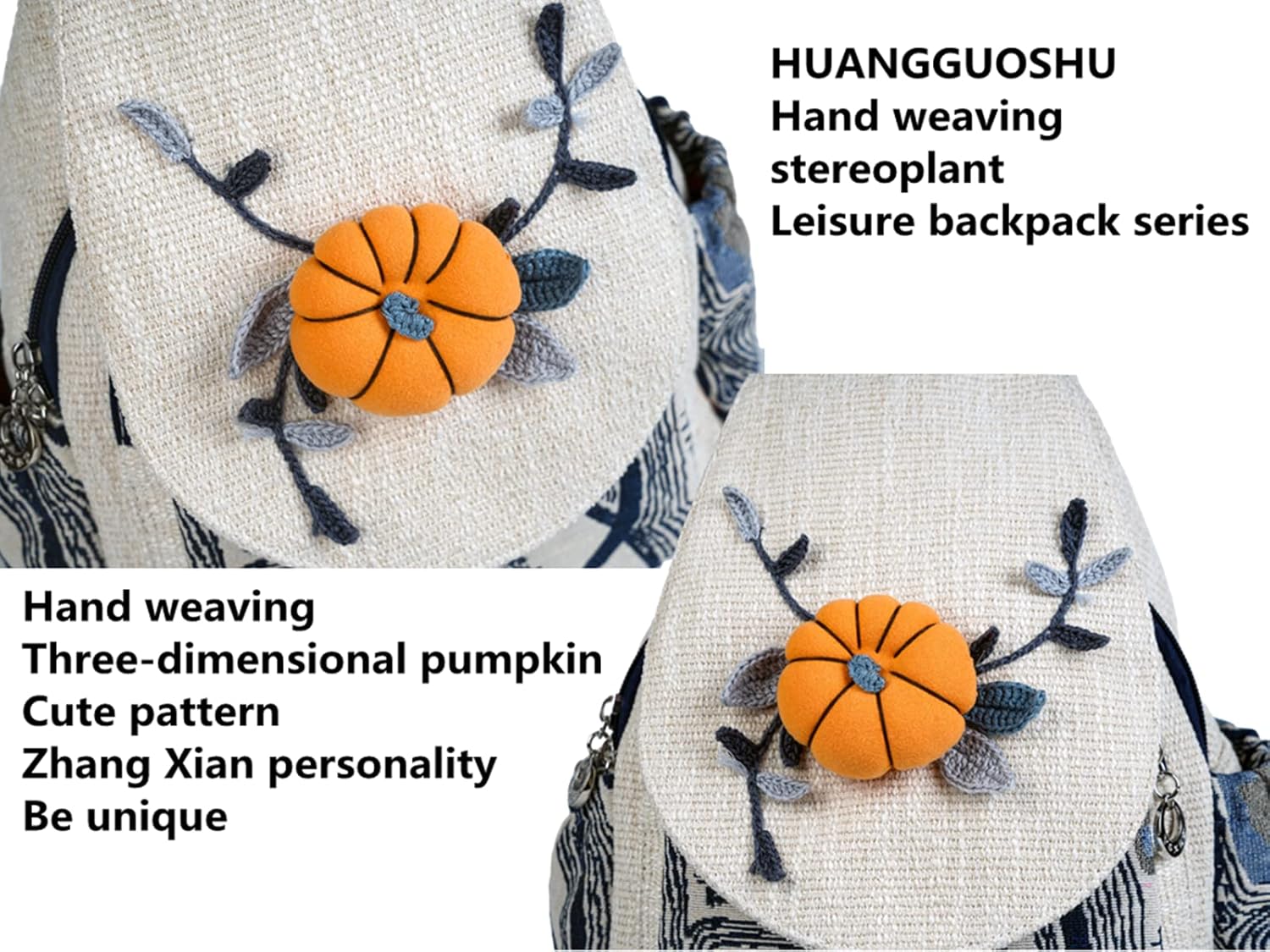 HUANGGUOSHU Boho and Bohemian Small Canvas Backpack Purse for Women - Adjustable Carry Sling Bag, Embroidered and Woven Tapestry Patterns Pumpkin - Image 2