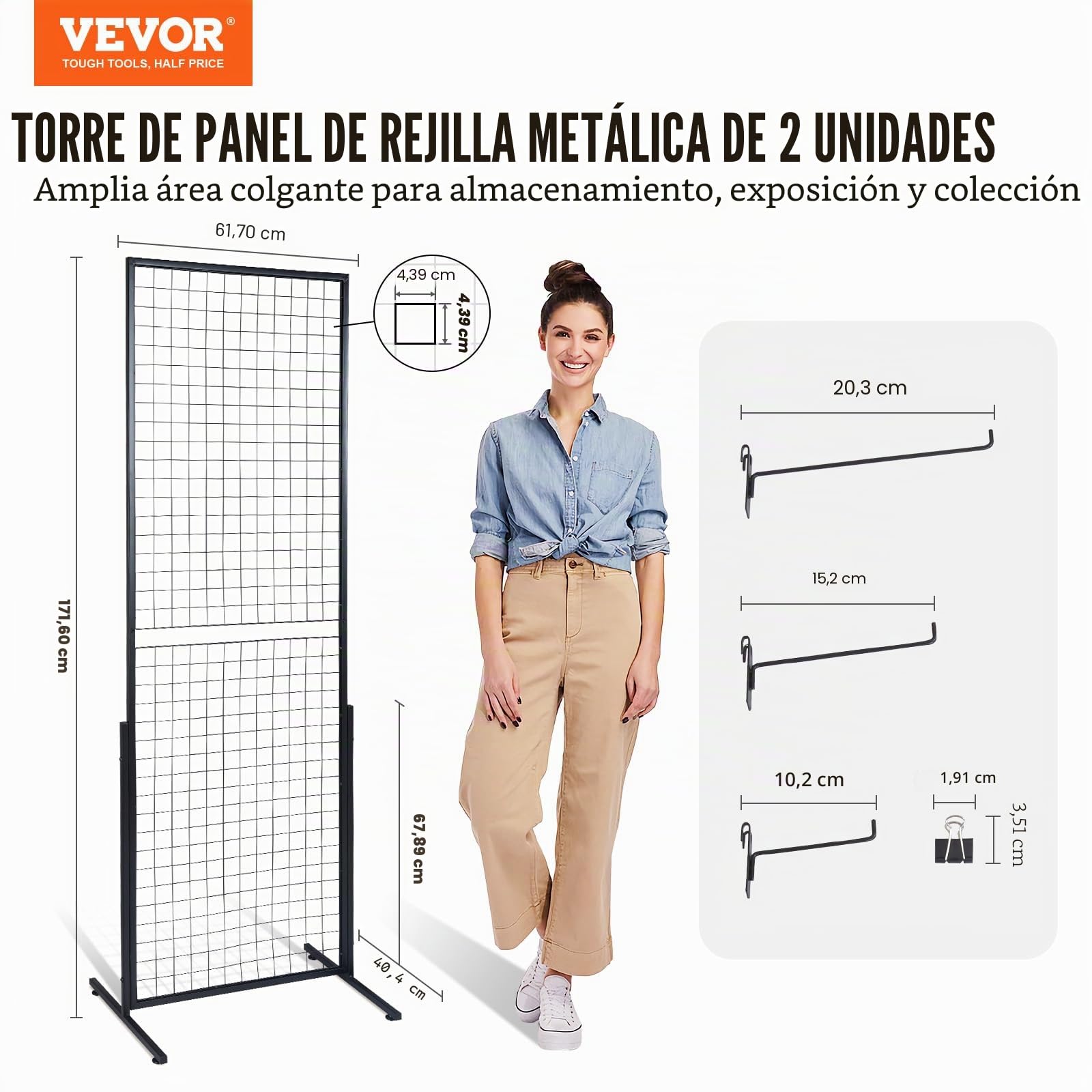 VEVOR Torre de Panel de Rejilla de Alambre 2 Unidades Panel de Exhibición de Malla Independiente 617x1716 mm Carga de 27 kg Accesorios Completos Instalación Fácil para Presentación de Nota Fotográfica