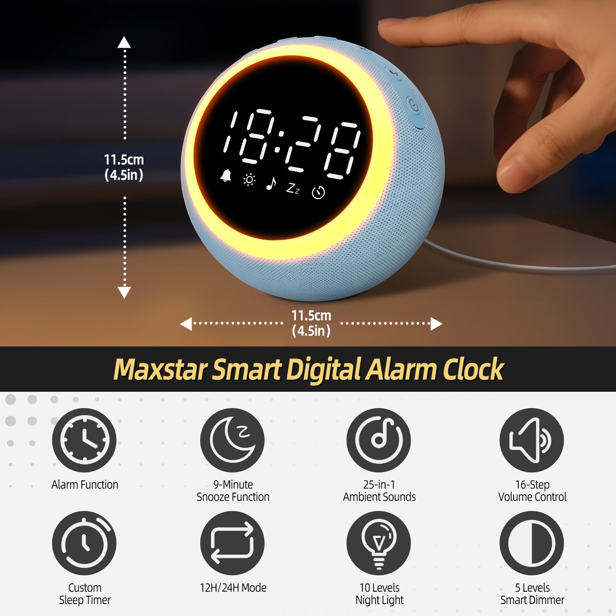 Maxstar Sveglia Digitale Intelligente con 25 Suoni Rilassanti, Luci Notturna,Snooze,Timer,Volume e Luminosità Regolabili - Sveglia da Comodino per Bambini,Adulti (Macchina Rumore Bianco per Dormire)