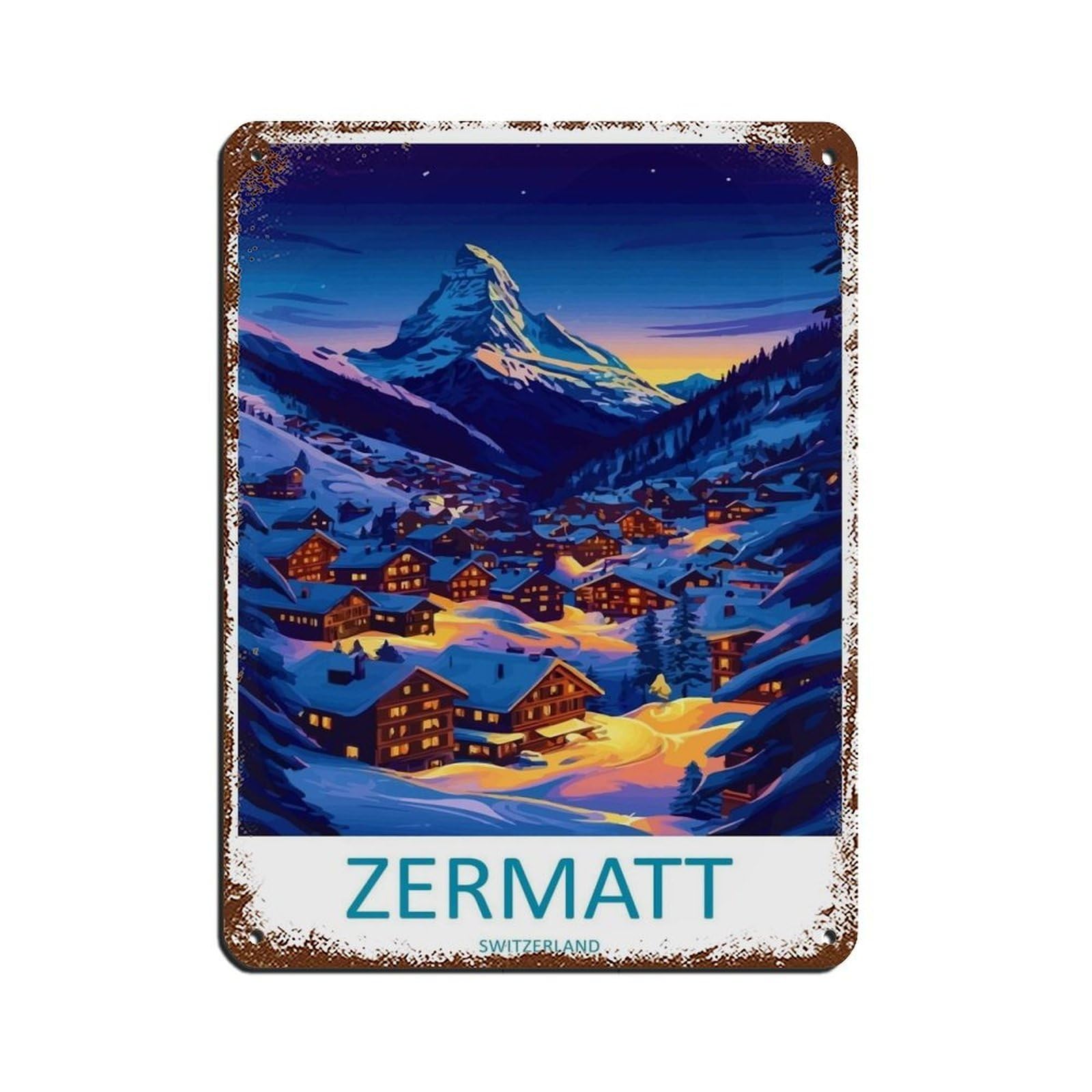 Zermatt Travel Poster Switzerland Art Retro Poster Metal Tin Sign Chic Art Retro Iron Painting Bar People Cave Cafe Family Garage Poster Wall Decoration 12x16inch(30x40cm)