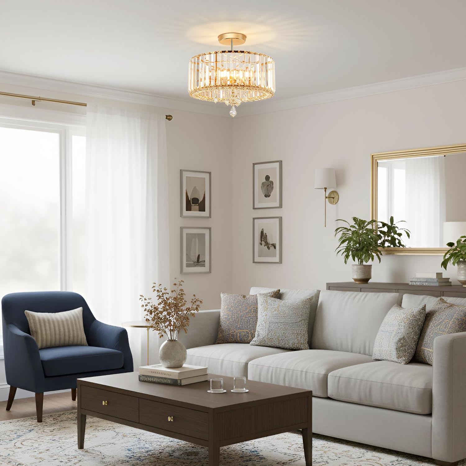 ANWIO Lampada da Soffitto Cristallo Oro, Plafoniera a Soffitto con Moderno 3 Luci, Lampadari Cristallo E27, Lampadario Soggiorno con Paralume in Vetro Per Camere da Letto, 36.5 CM(Senza Lampadine) way