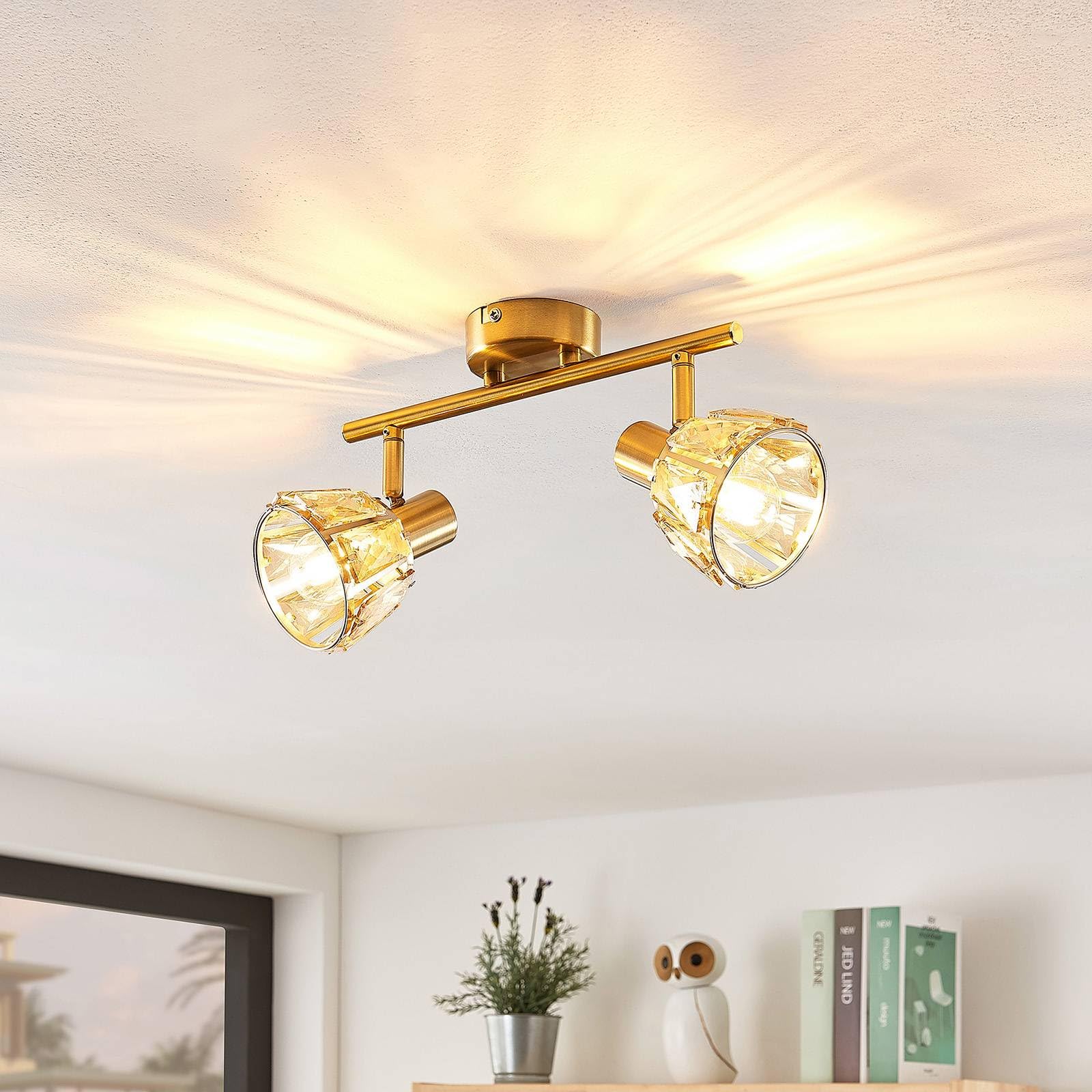 Lindby lámpara de techo en latón, transparente, plafón | lámpara de salón, e14, 2 bombillas, vidrio para sala de estar, salón, pasillo, comedor