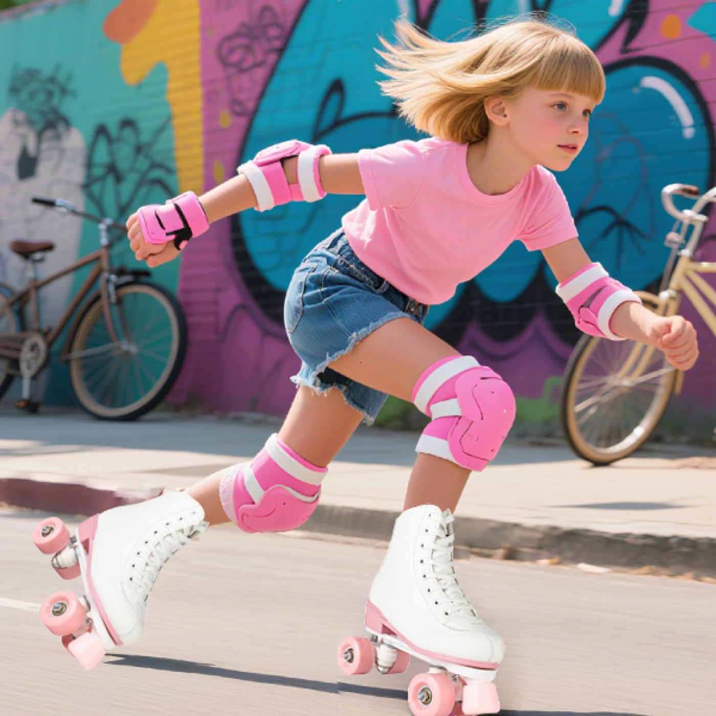 YYW Roller Skates for Girls Light Up Youth Kids Roller Skate Black Pink Double Row Roller Shoes Girl Ages 8-12 Indoor Outdoor