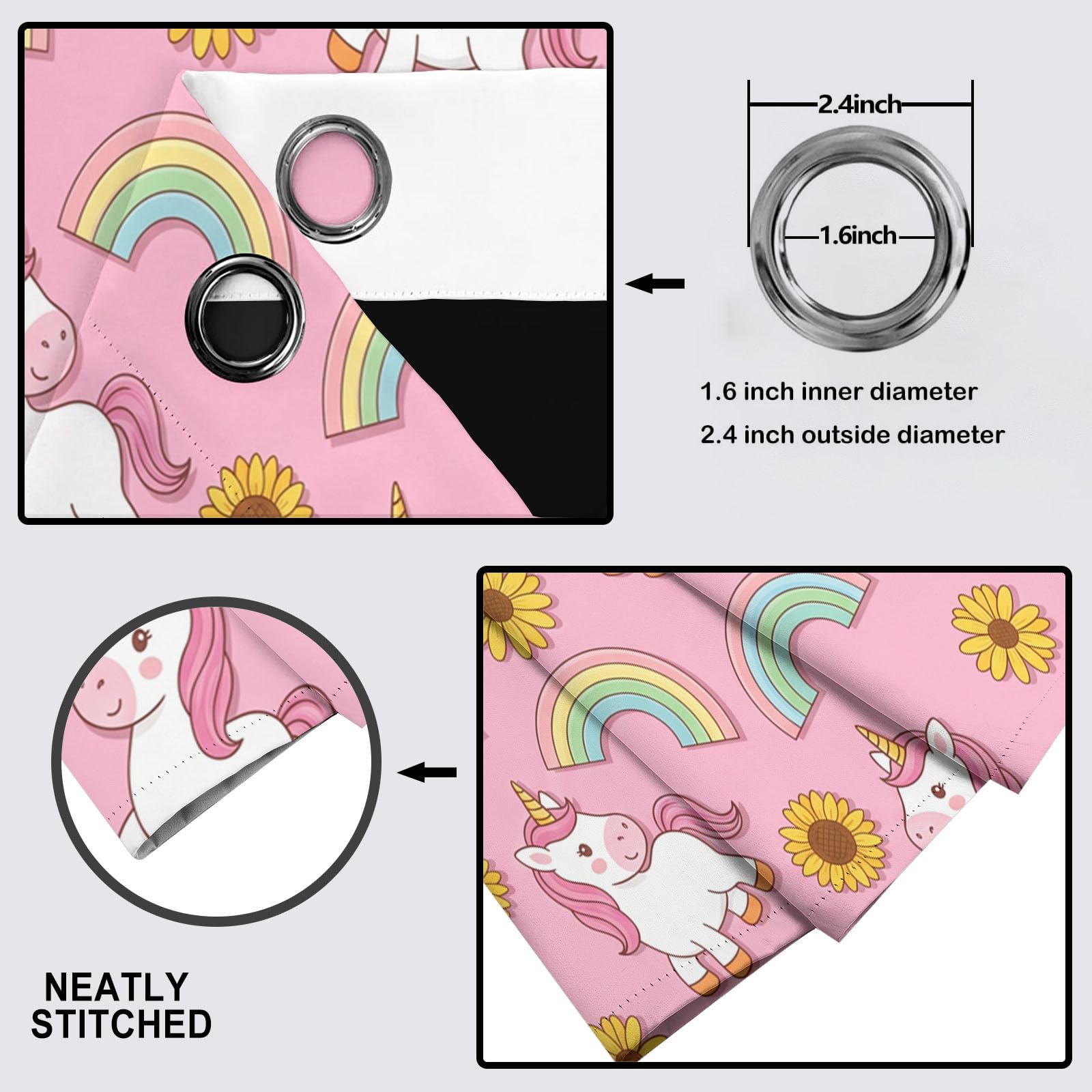 Rideaux Occultants Salon, Arc-en-Ciel Mignon Licorne Enfants Panneaux De Rideaux Intérieurs, Draperies Rose, Animaux Intéressants Fleurs Chambre Décoration Confidentialité Tentures 110X215 Cm X2