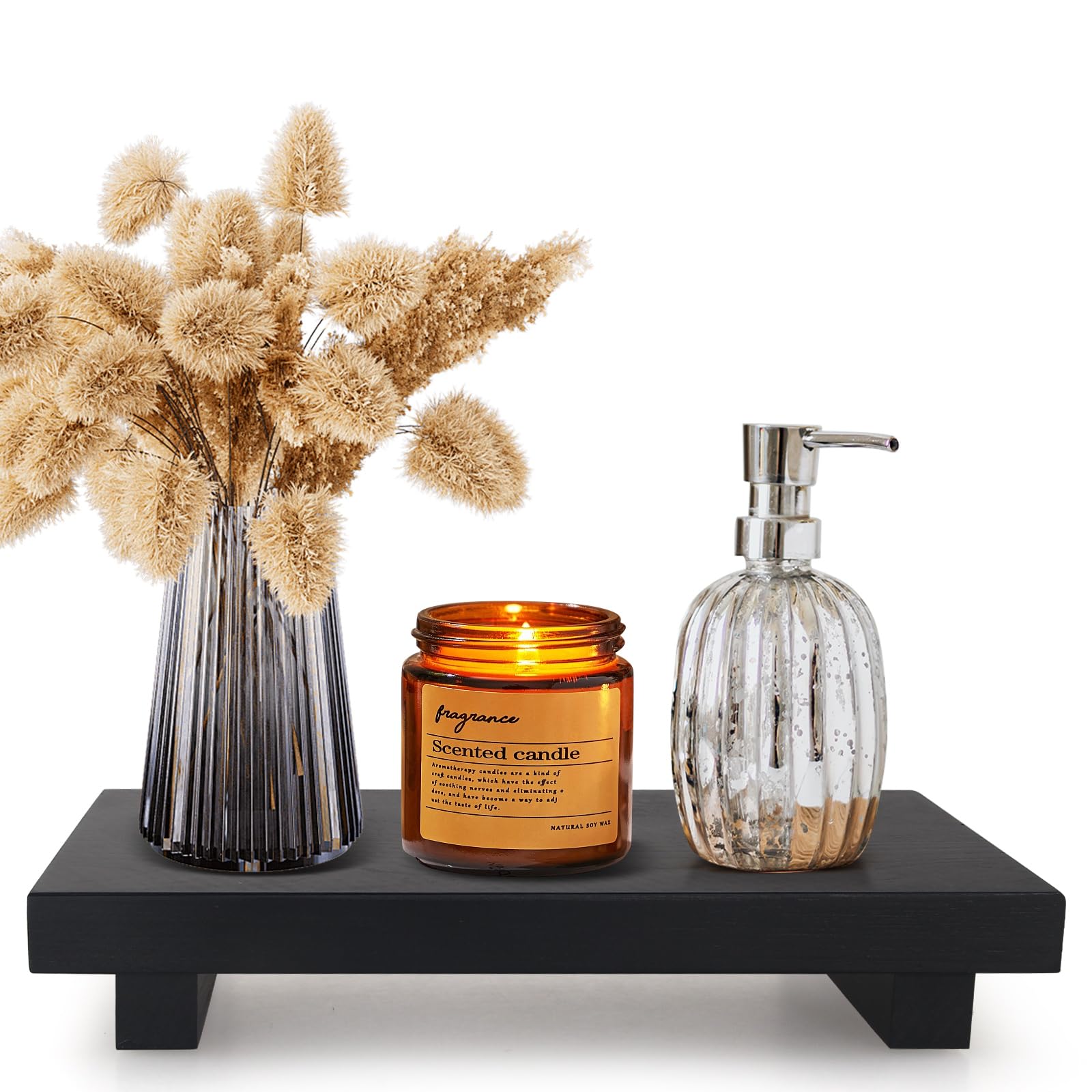 Black Wooden Bathroom Tray Decorative Kitchen Countertop Trays Farmhouse Wood Riser Pedestal Stand Dish Soap Dispenser Holder for Kitchen Counter