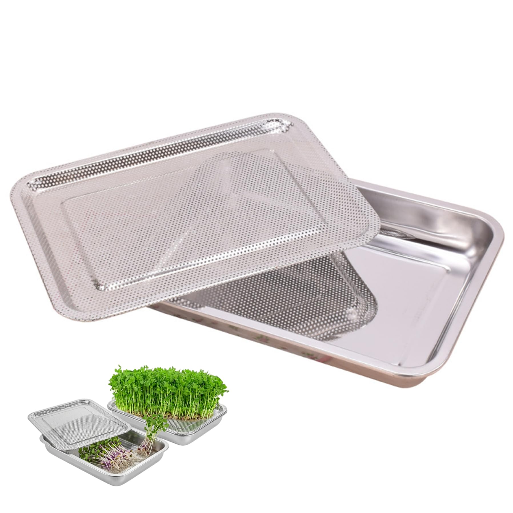 Otbushit Silver 2 In 1 Microgreens Growing Trays With Sieves, 2-Pack Sprouting Tray 13X9in Seed Sprouter Kit For Indoor Gardening, Cultivation Of Salad, Cress, Arugula