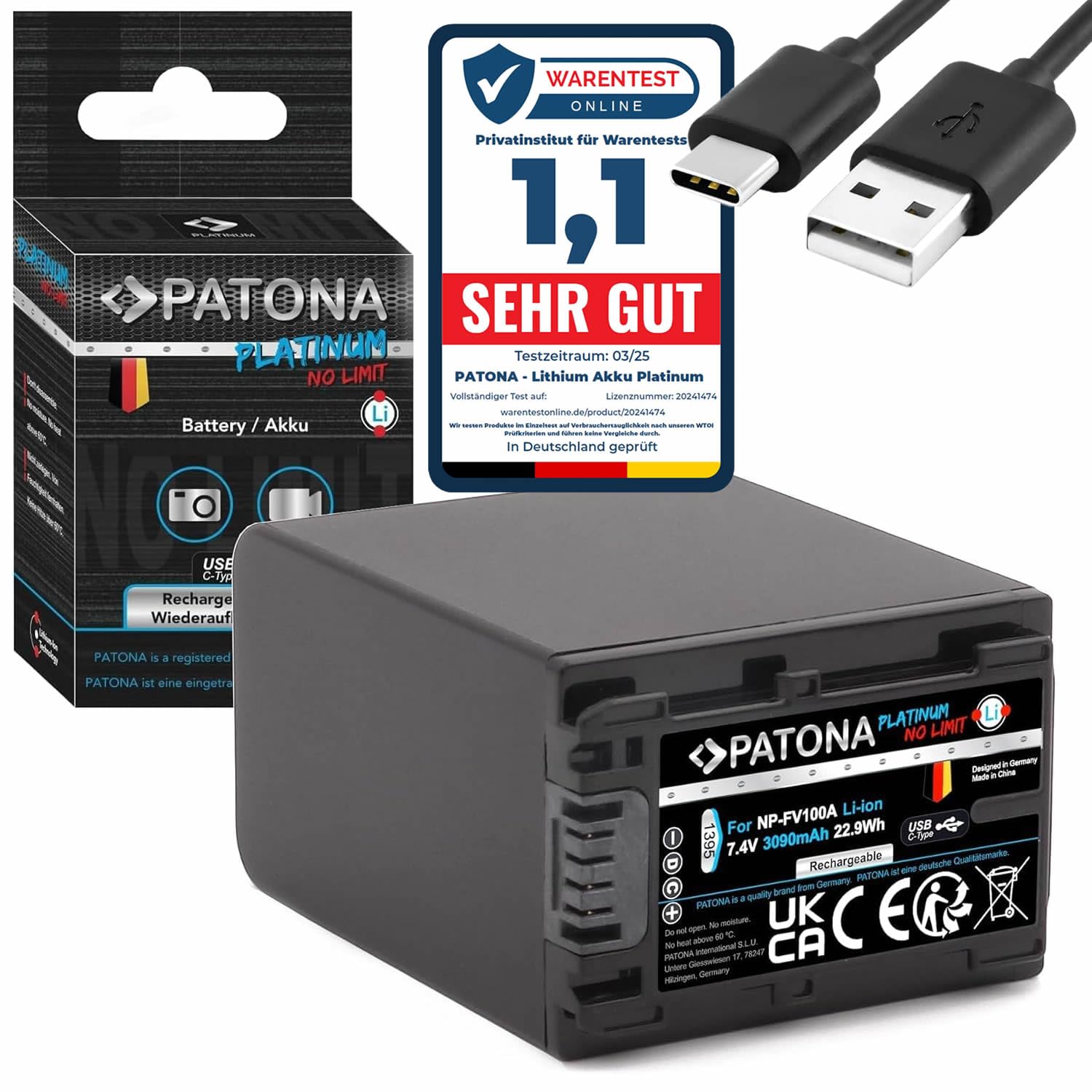 PATONA USB-C Platinum Batterie pour Sony NP-FV100A NP FV100 FV90 3090mAh